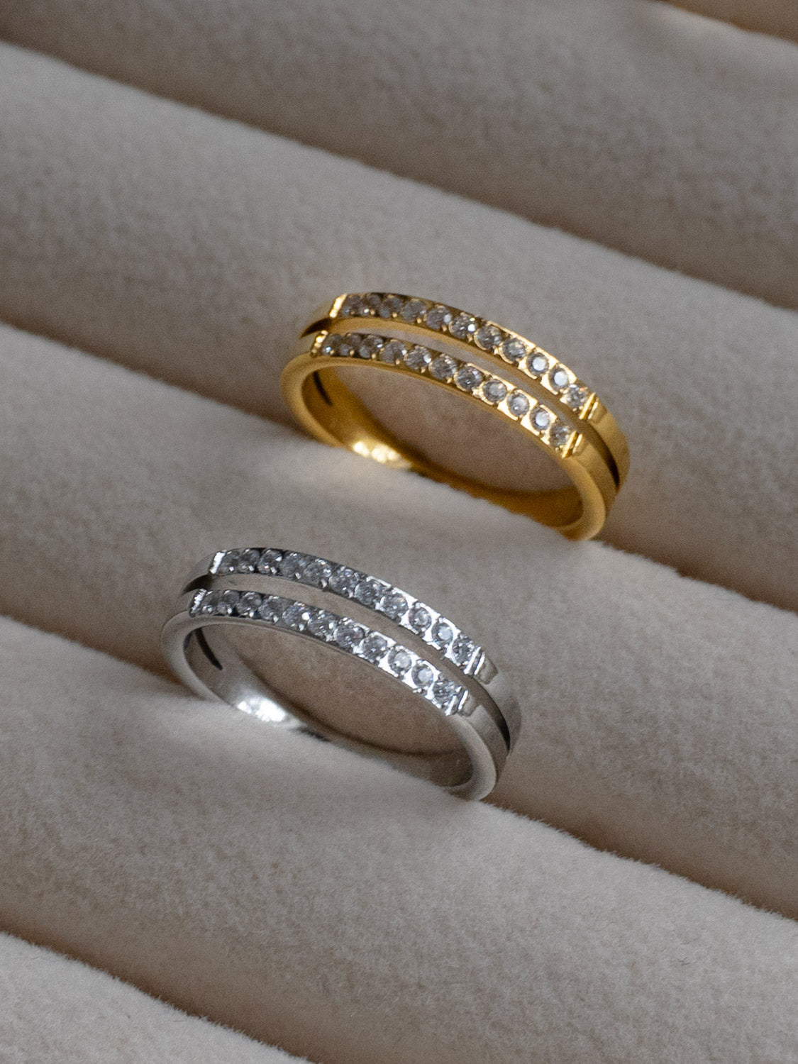 Double Gemstone Lined Ring  Stainless Steel   Silver Gold
