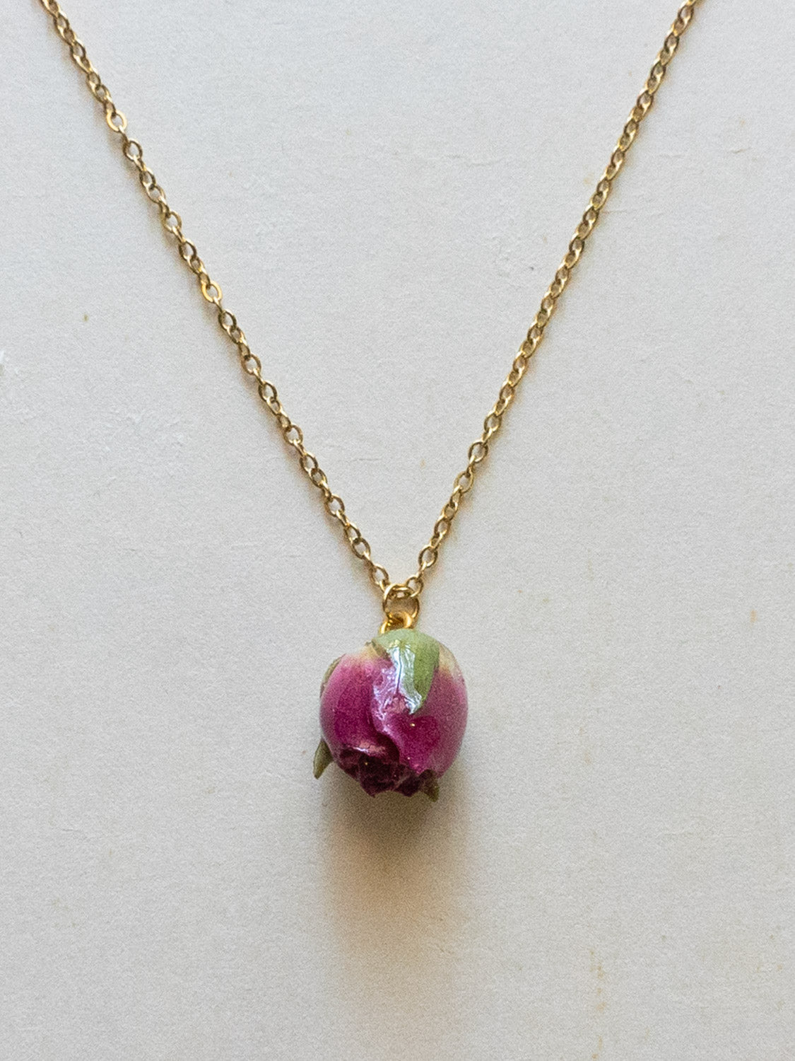 Dried Dried Magenta Pink Rose Bud Necklace   Stainless Steel  Gold
