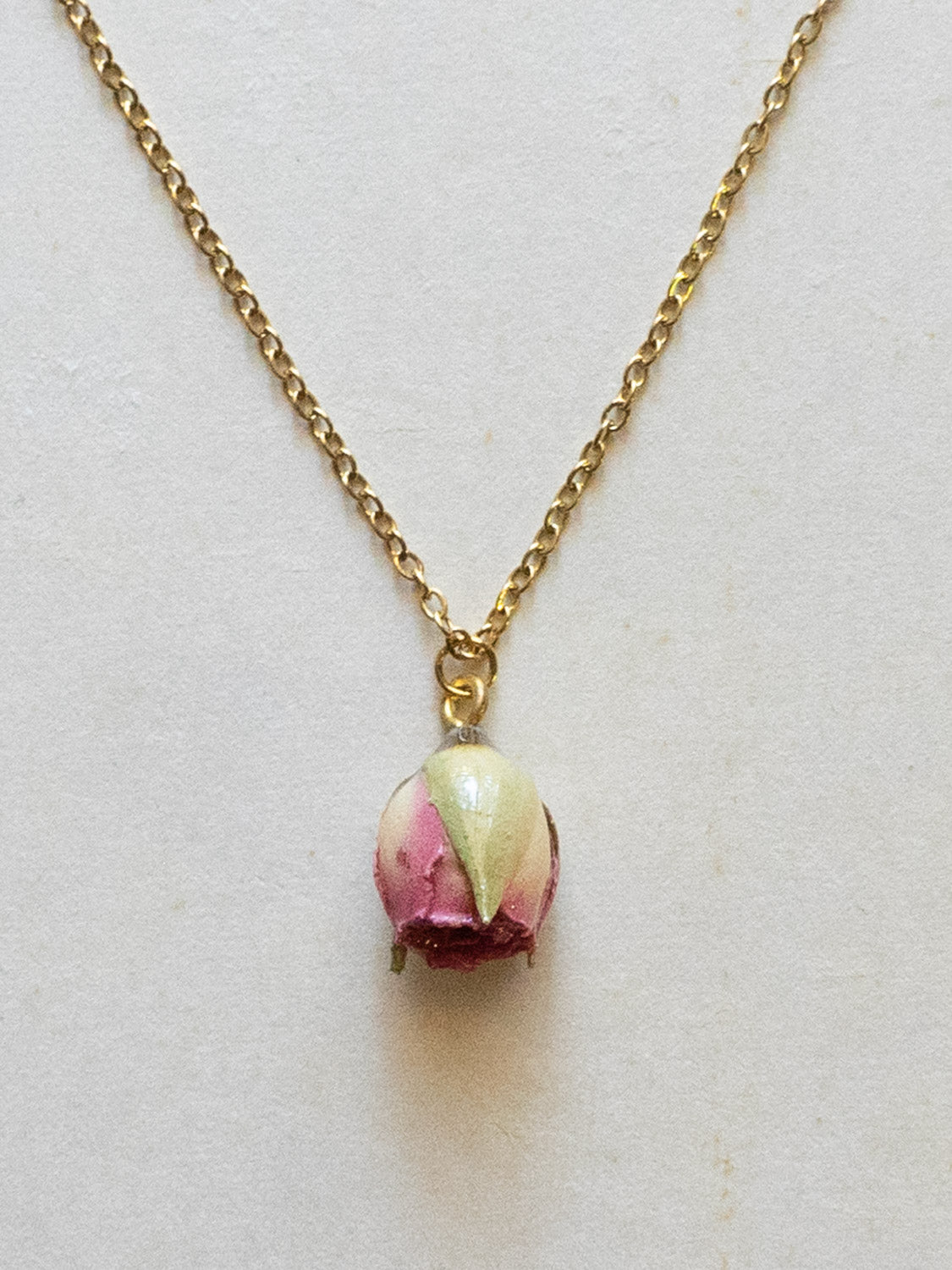 Dried Pink Rose Bud Necklace   Stainless Steel  Gold
