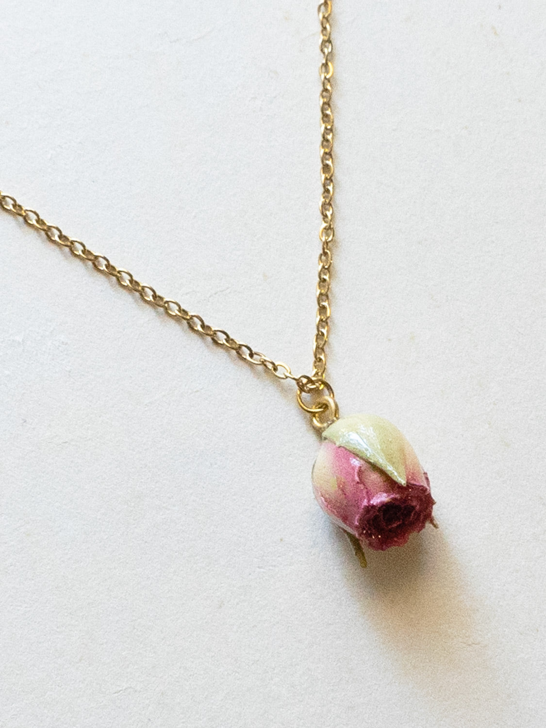Dried Pink Rose Bud Necklace - Stainless Steel, Gold
