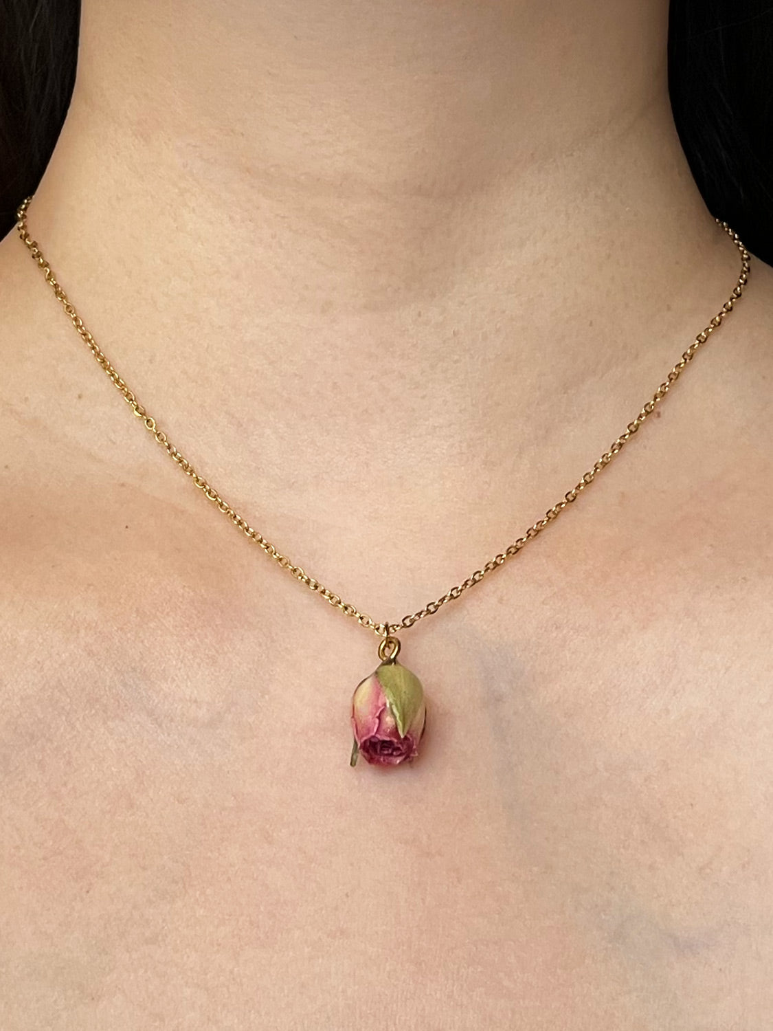 Dried Pink Rose Bud Necklace - Stainless Steel, Gold