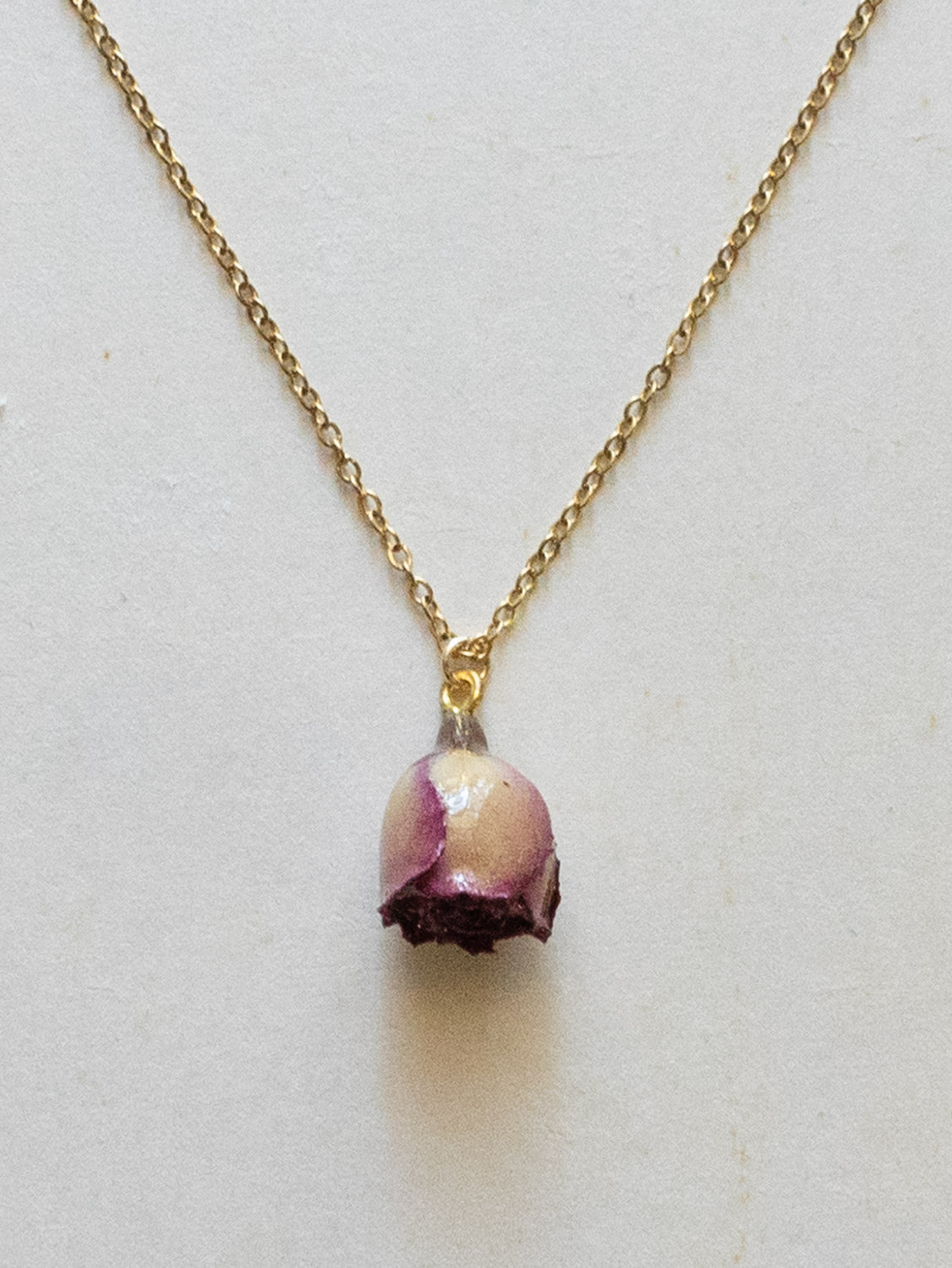 Dried Purple Rose Bud Necklace   Stainless Steel  Gold