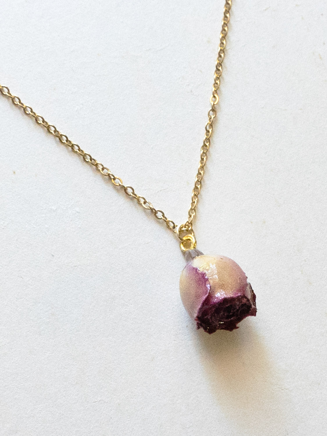 Dried Purple Rose Bud Necklace - Stainless Steel, Gold