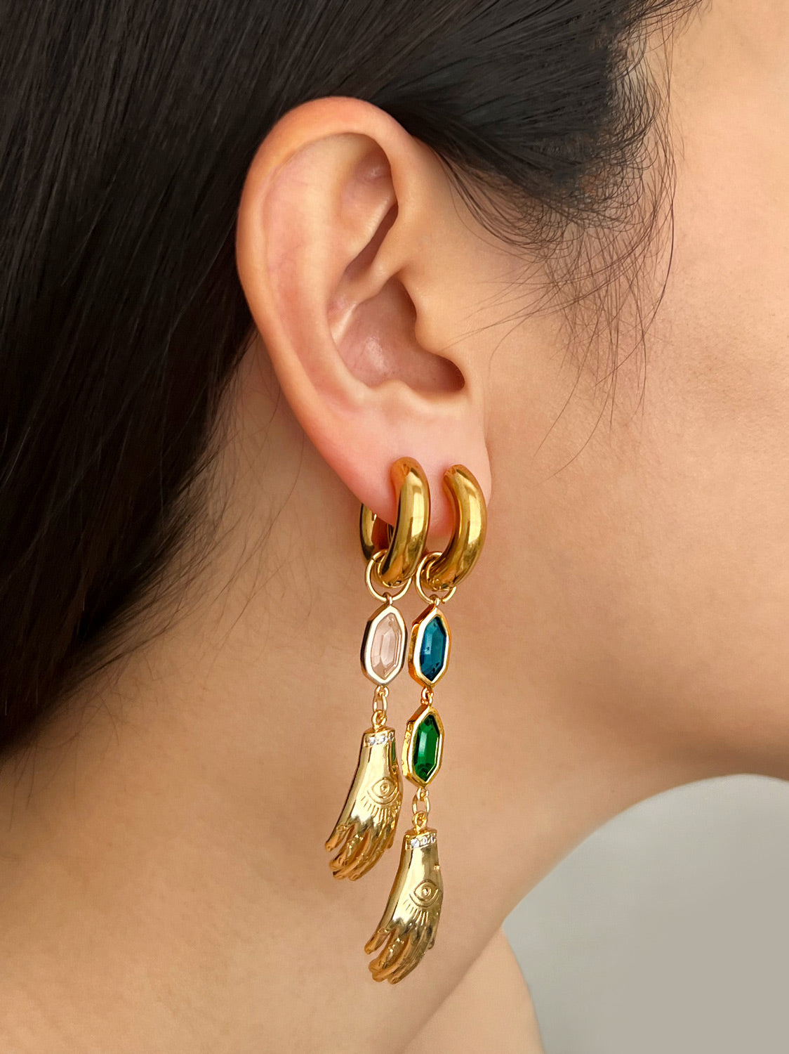 Evil Eye Hand Gemstone Chunky Hoops - Clear