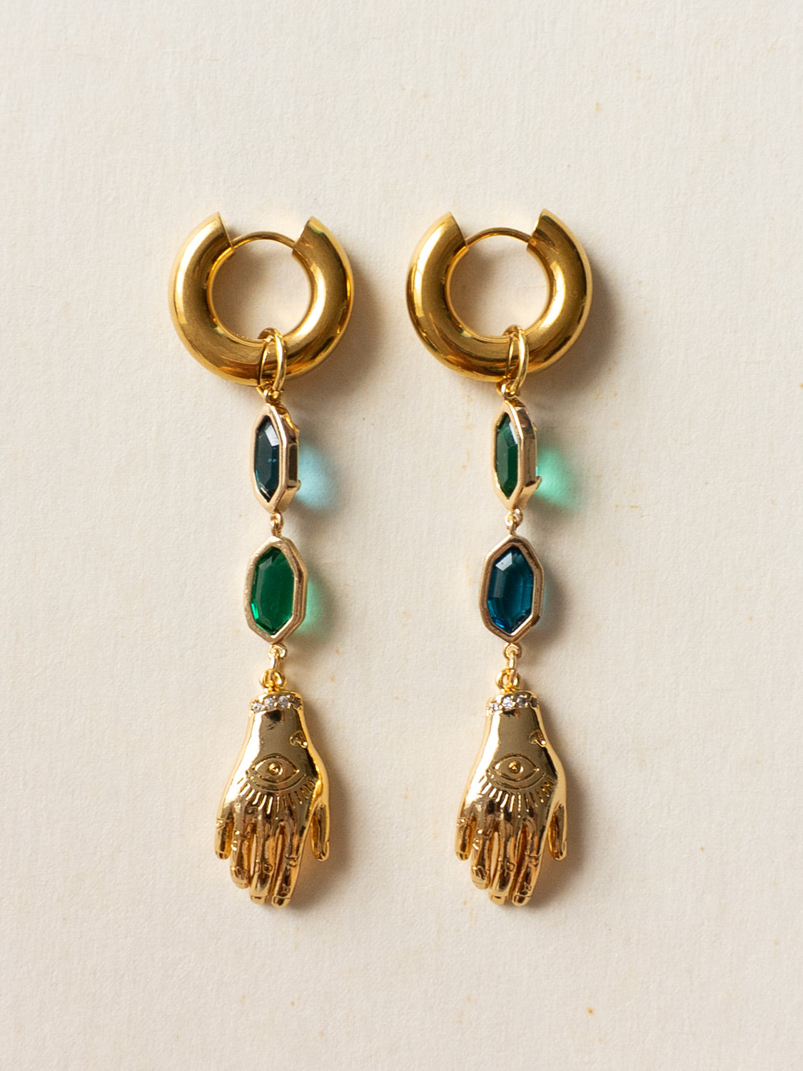 Evil Eye Hand Asymmetric Gemstone Chunky Hoops3