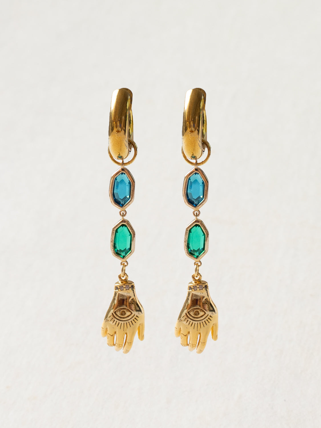 Evil Eye Hand Asymmetric Gemstone Chunky Hoops4