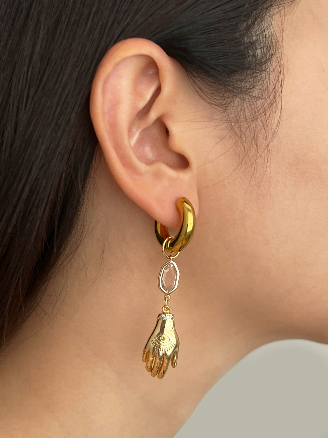 Evil Eye Hand Gemstone Chunky Hoops   Clear