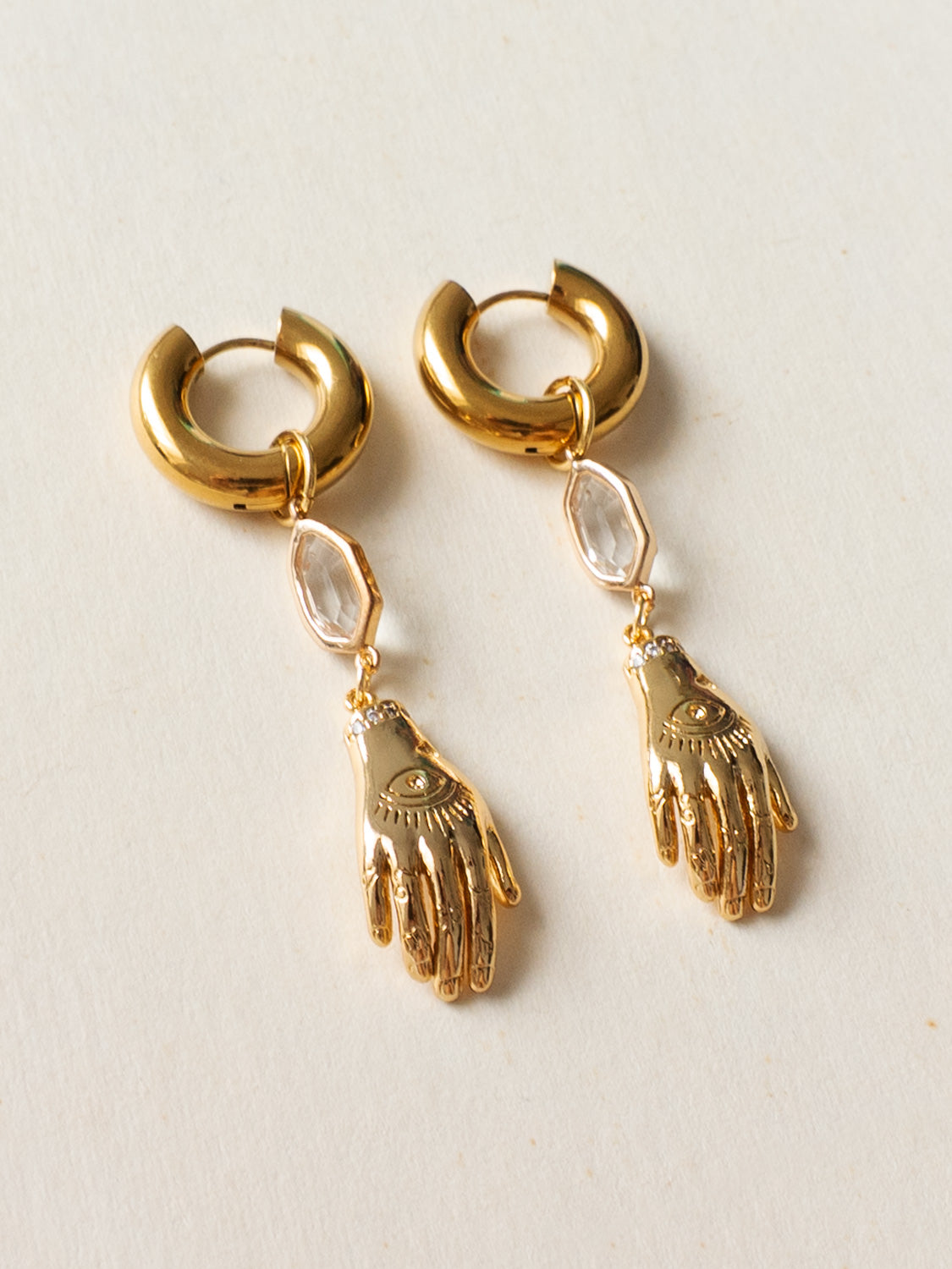 Evil Eye Hand Gemstone Chunky Hoops - Clear