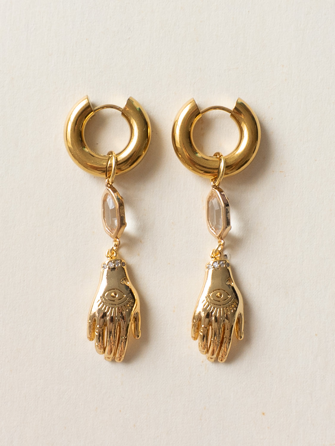 Evil Eye Hand Gemstone Chunky Hoops   Clear3