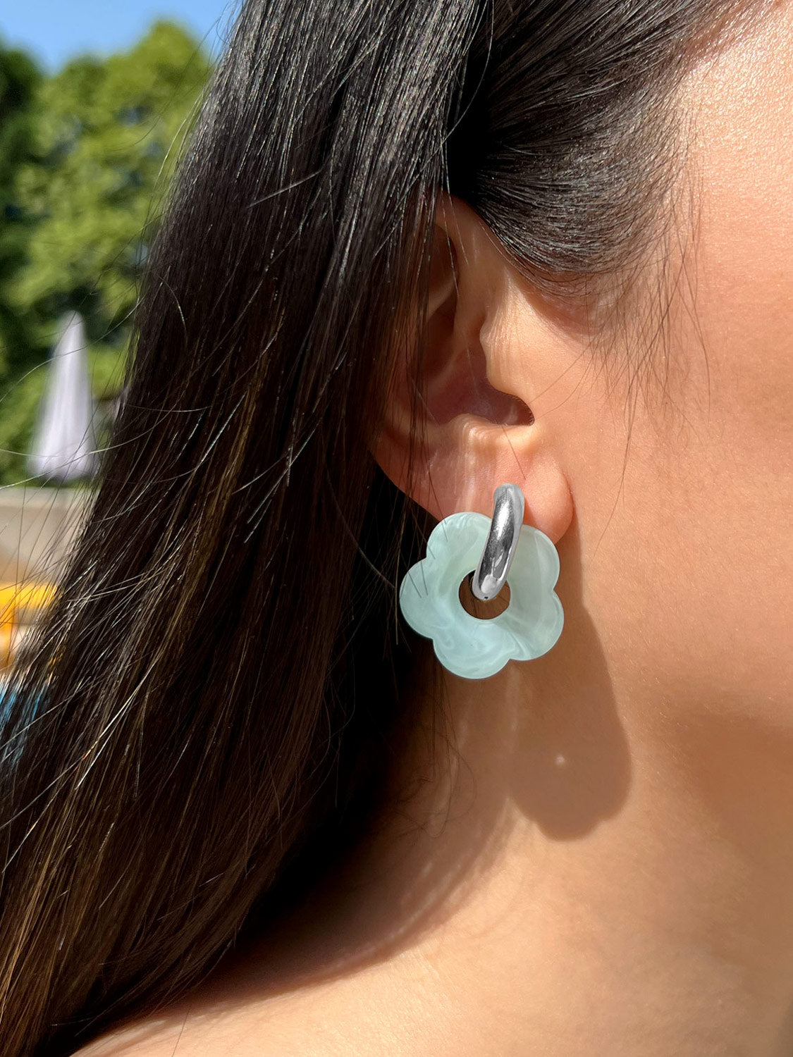 Flower Donut Hoops  Silver   Marbled Matte Blue3