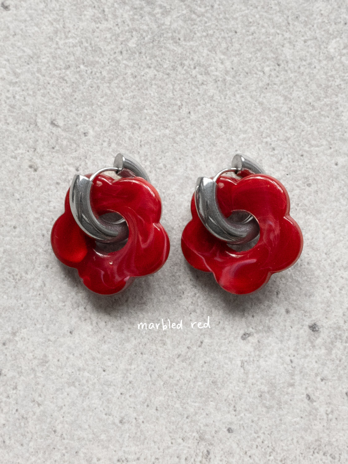 Flower Donut Hoops  Silver   Marbled Red text