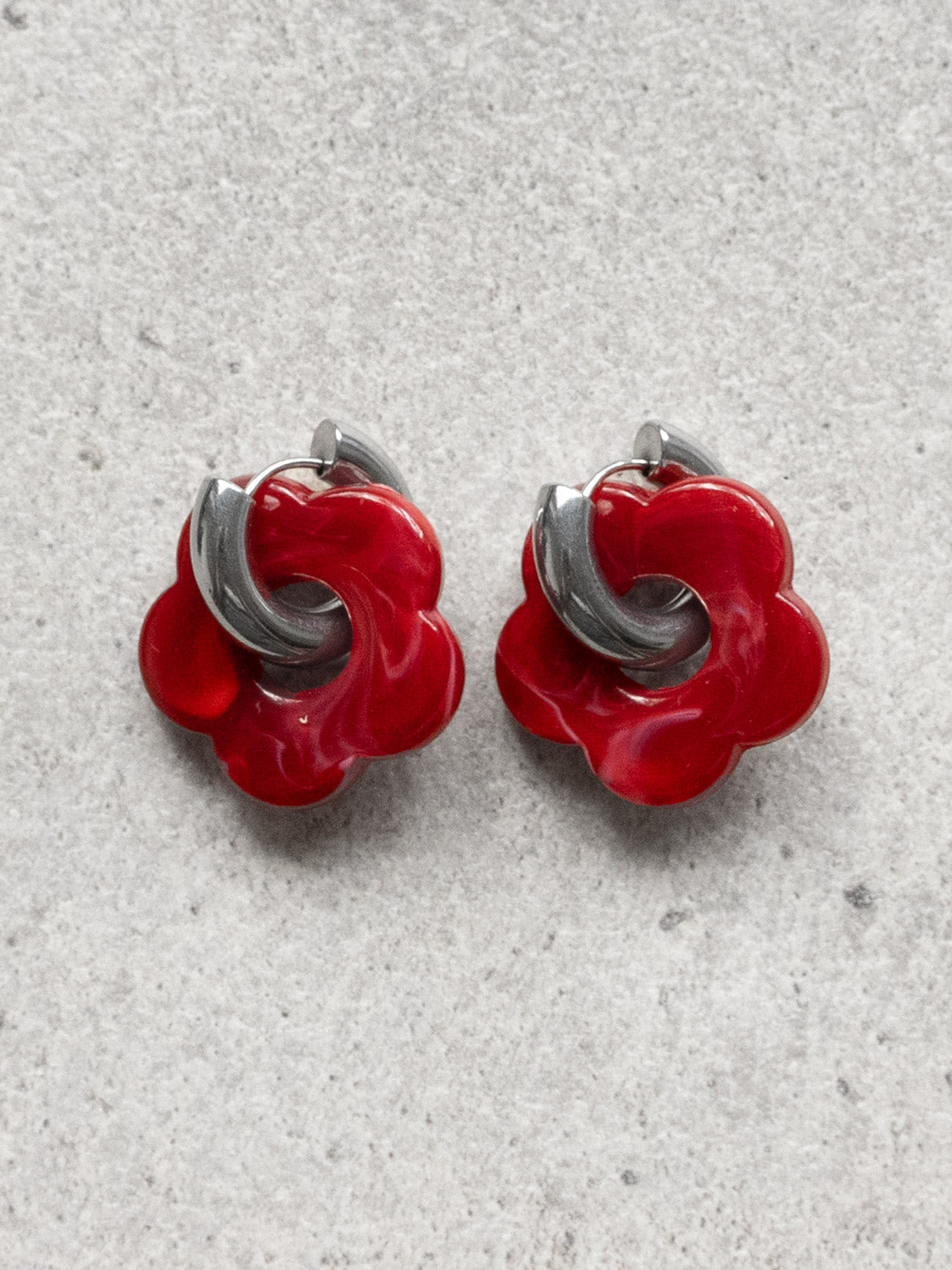 Flower Donut Hoops, Silver - Marbled Red