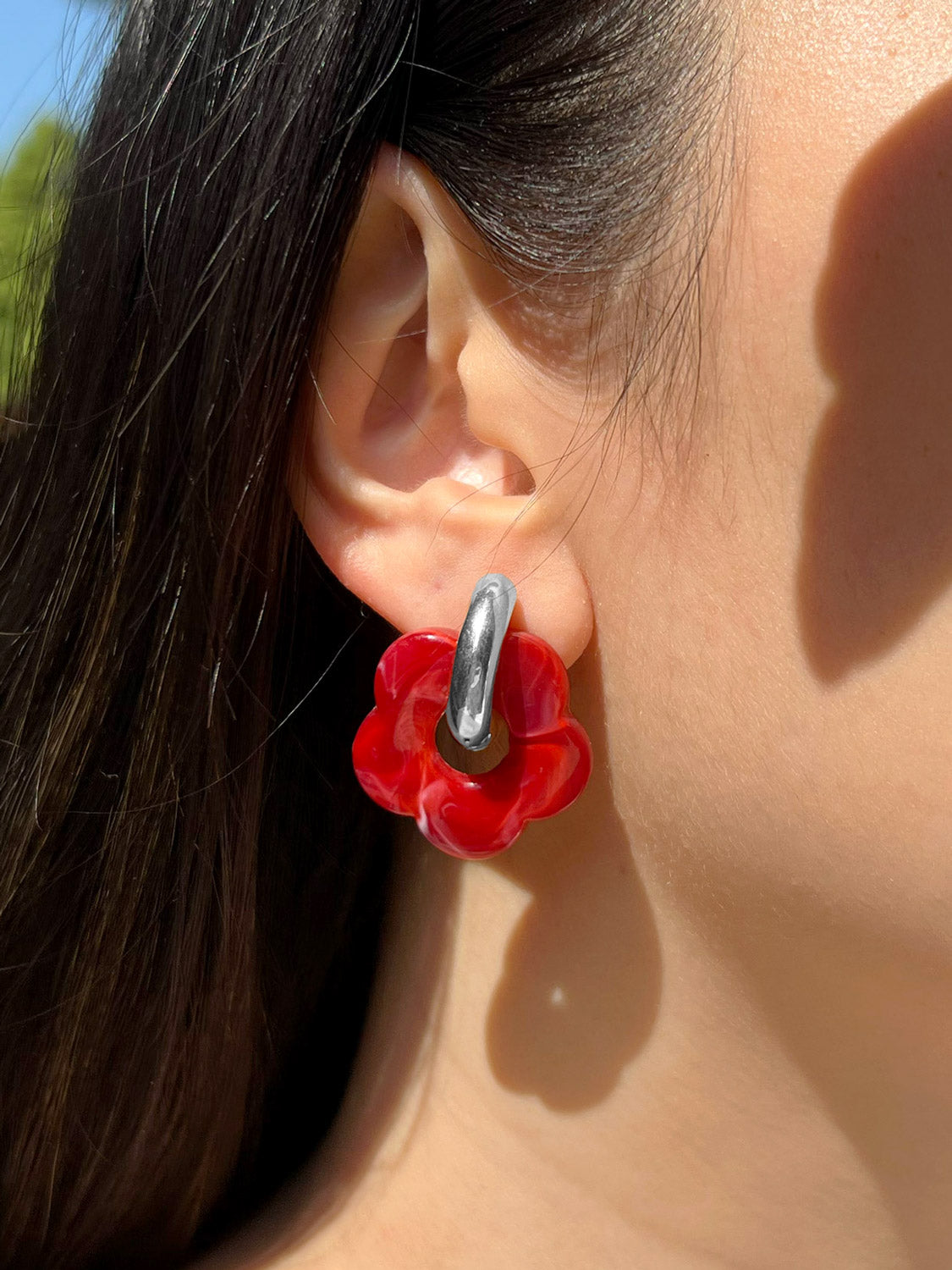 Flower Donut Hoops  Silver   Marbled Red3