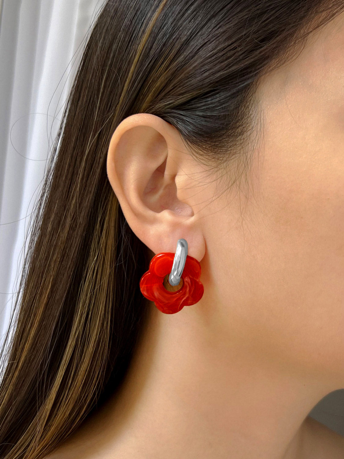 Flower Donut Hoops  Silver   Orange red4