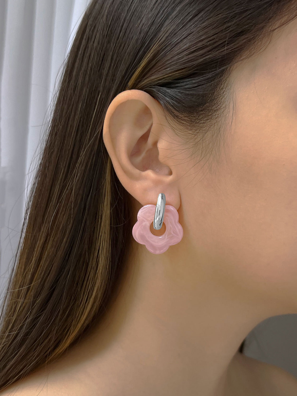 Flower Donut Hoops, Silver - Pink