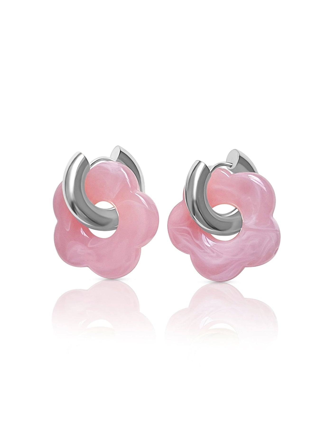 Flower Donut Hoops, Silver - Pink