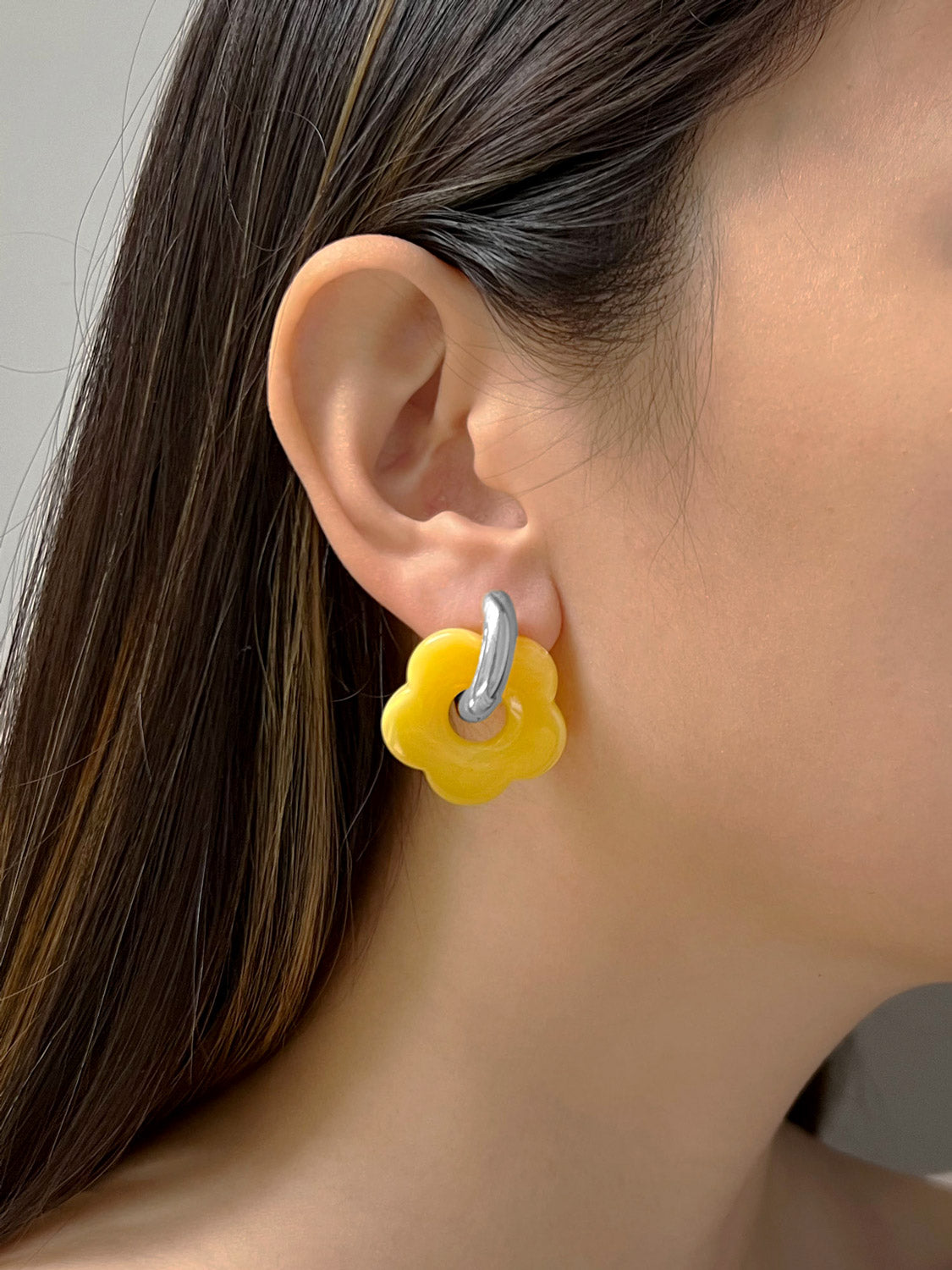 Flower Donut Hoops  Silver   Yellow3