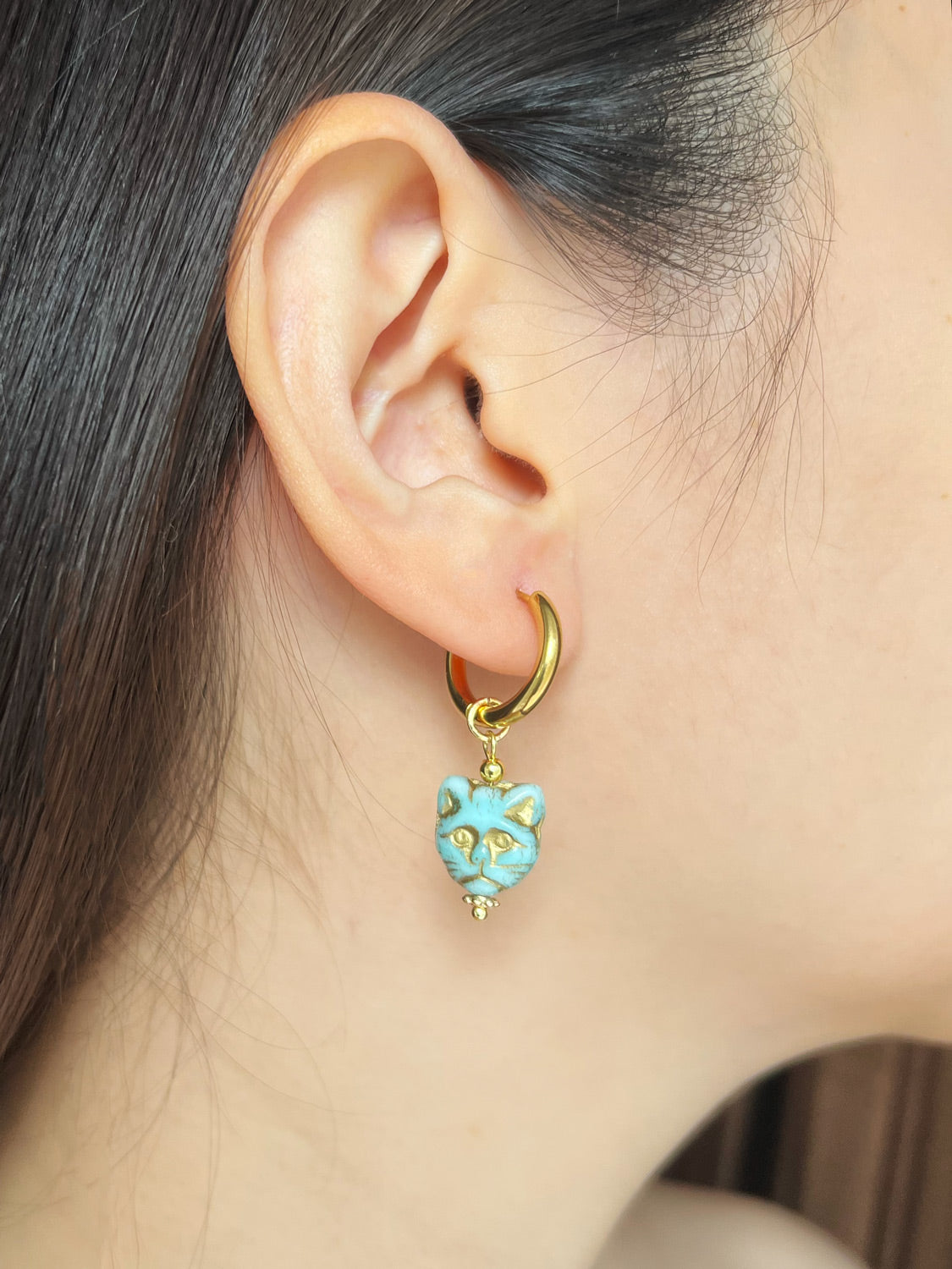Glass Carved Cat Hoops - Light Blue