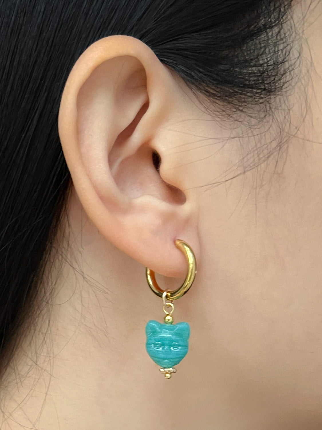 Glass Carved Cat Hoops - Turquoise