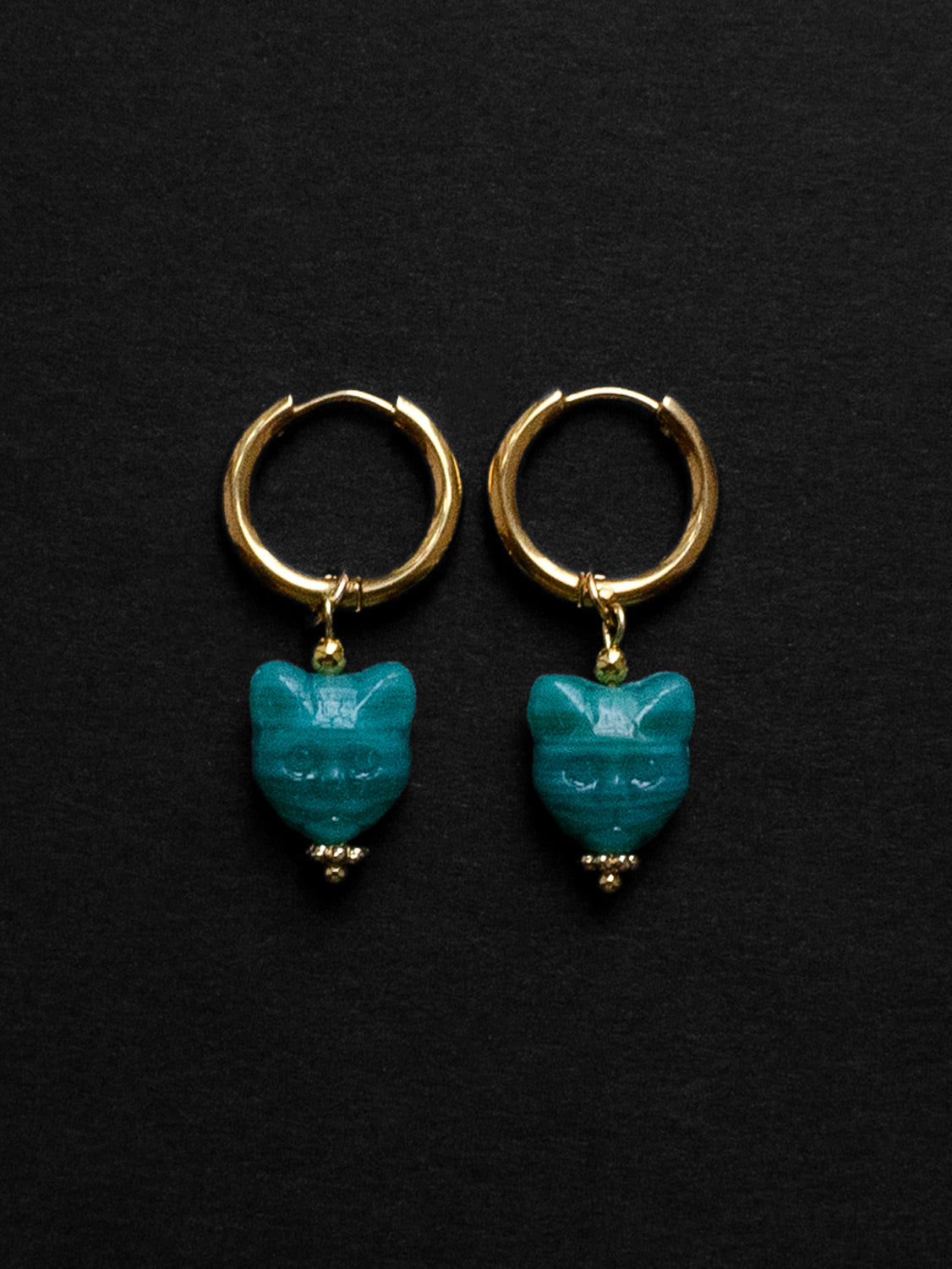 Glass Carved Cat Hoops - Turquoise