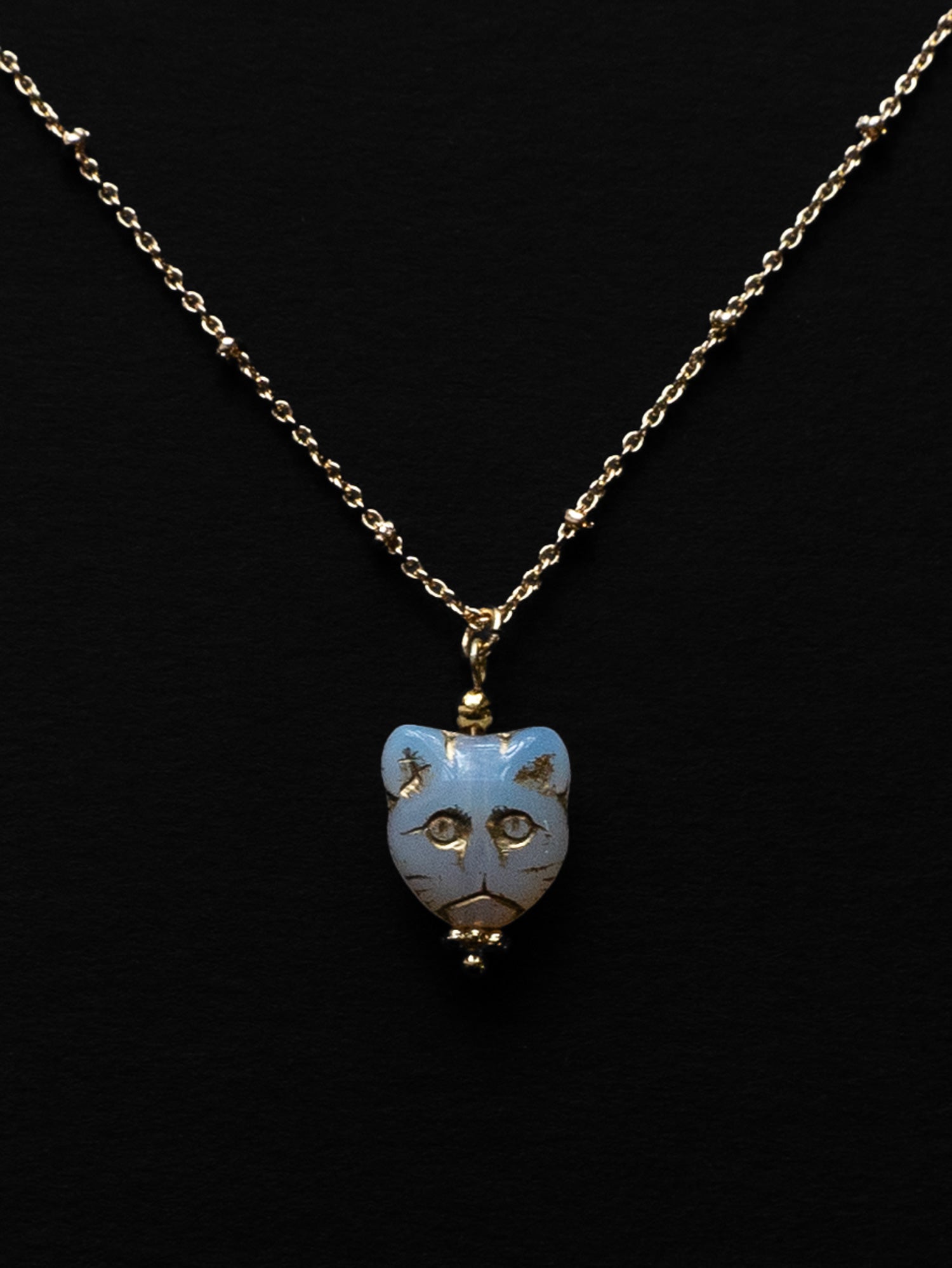 Glass Carved Cat Necklace   Moonstone