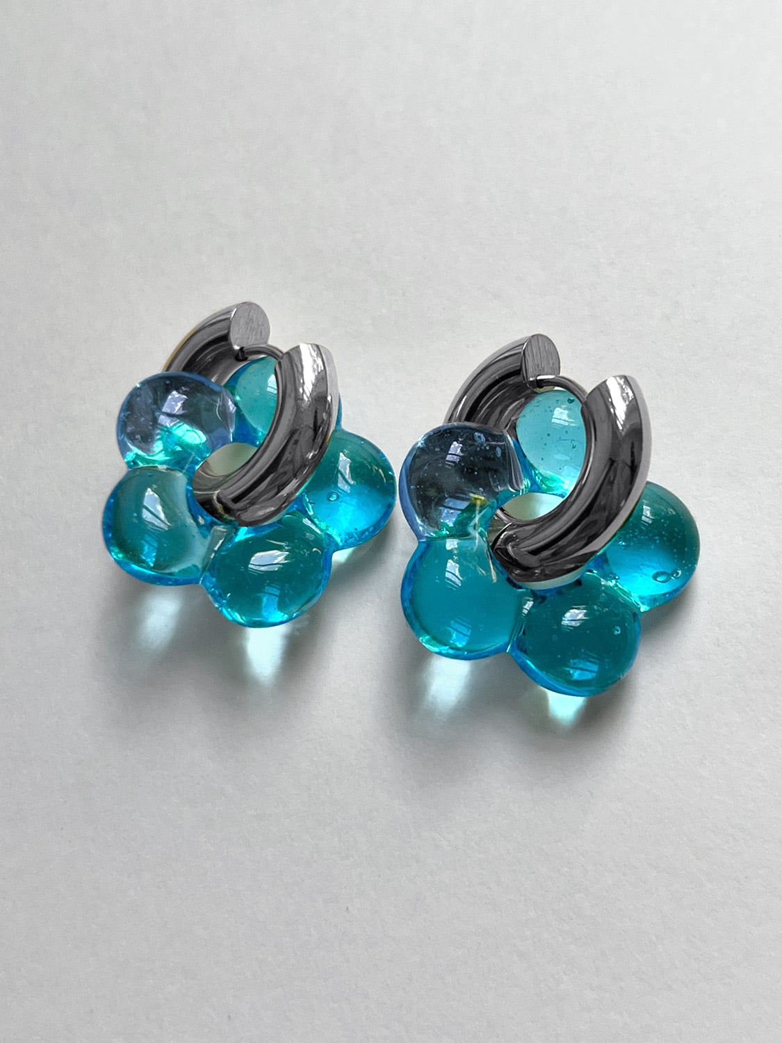 Glass Flower Donut Hoops  Silver   Aqua1
