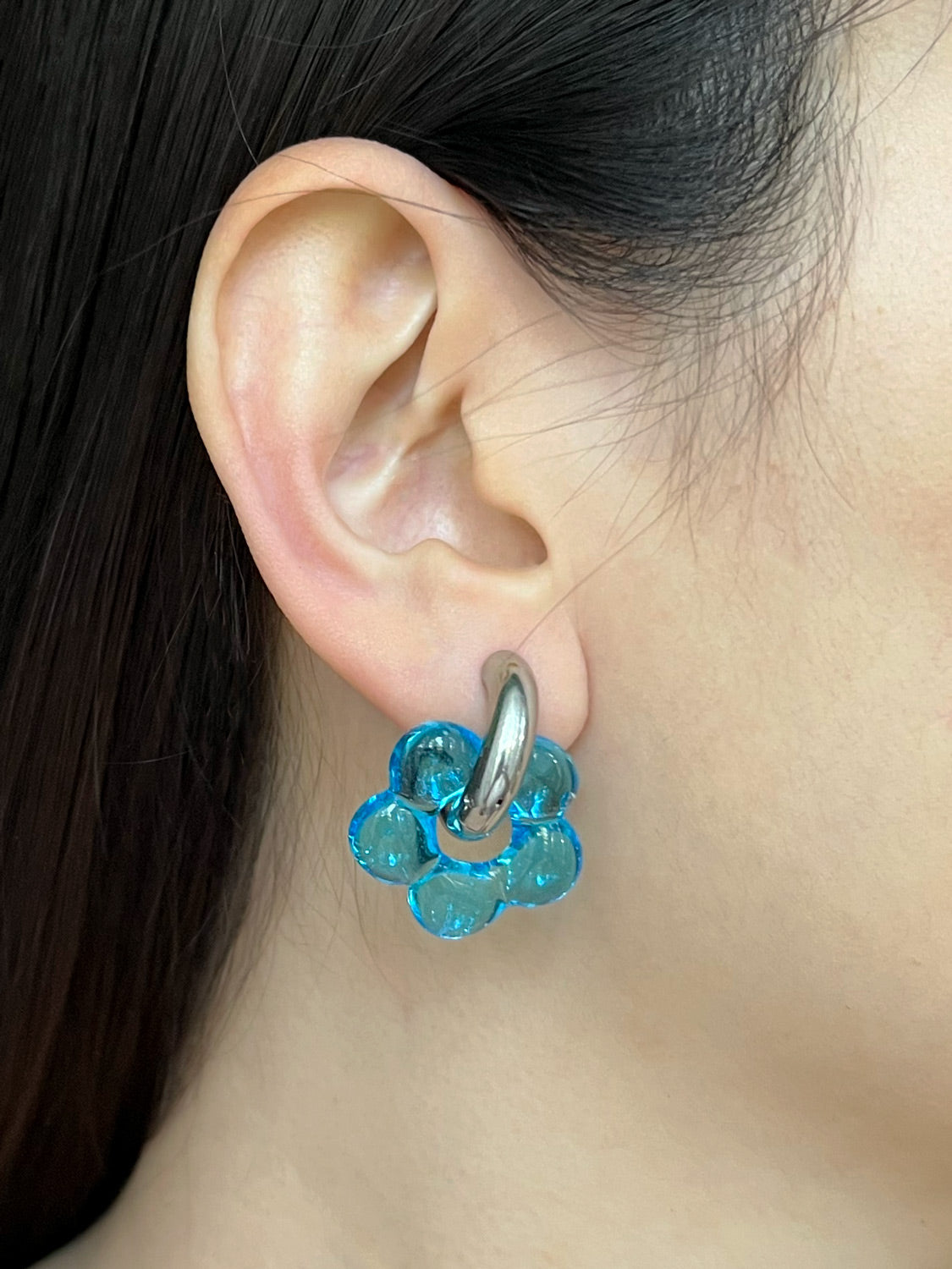 Glass Flower Donut Hoops  Silver   Aqua2