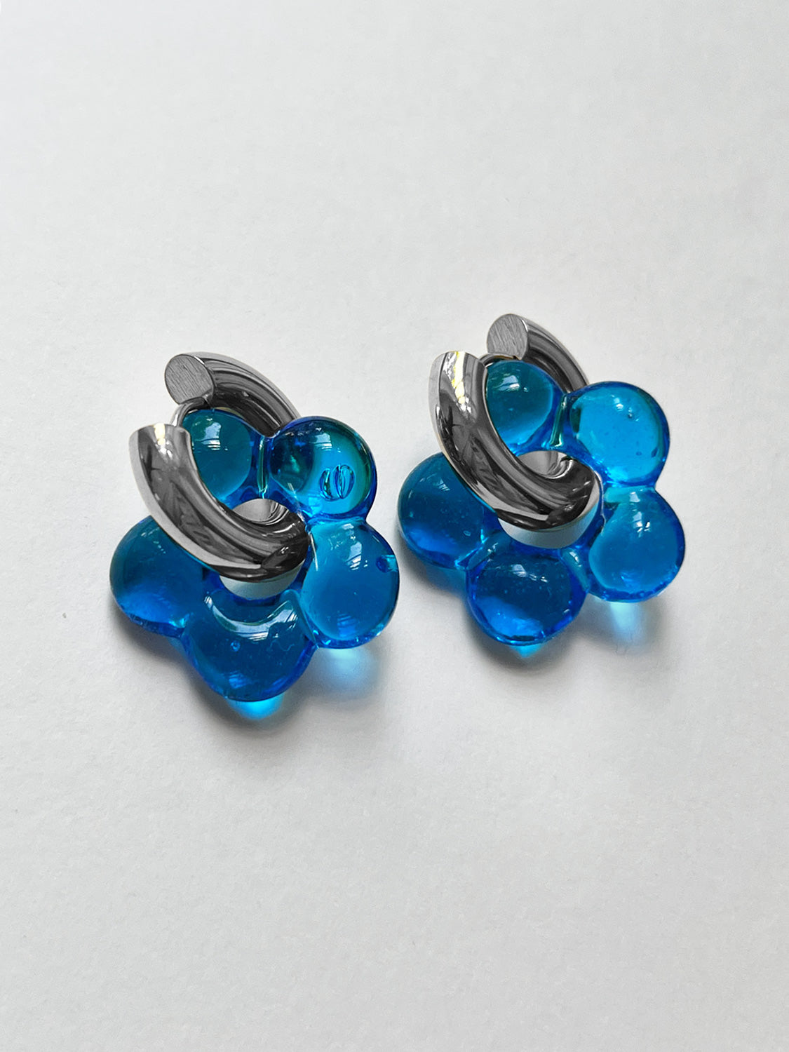 Glass Flower Donut Hoops  Silver   Blue1