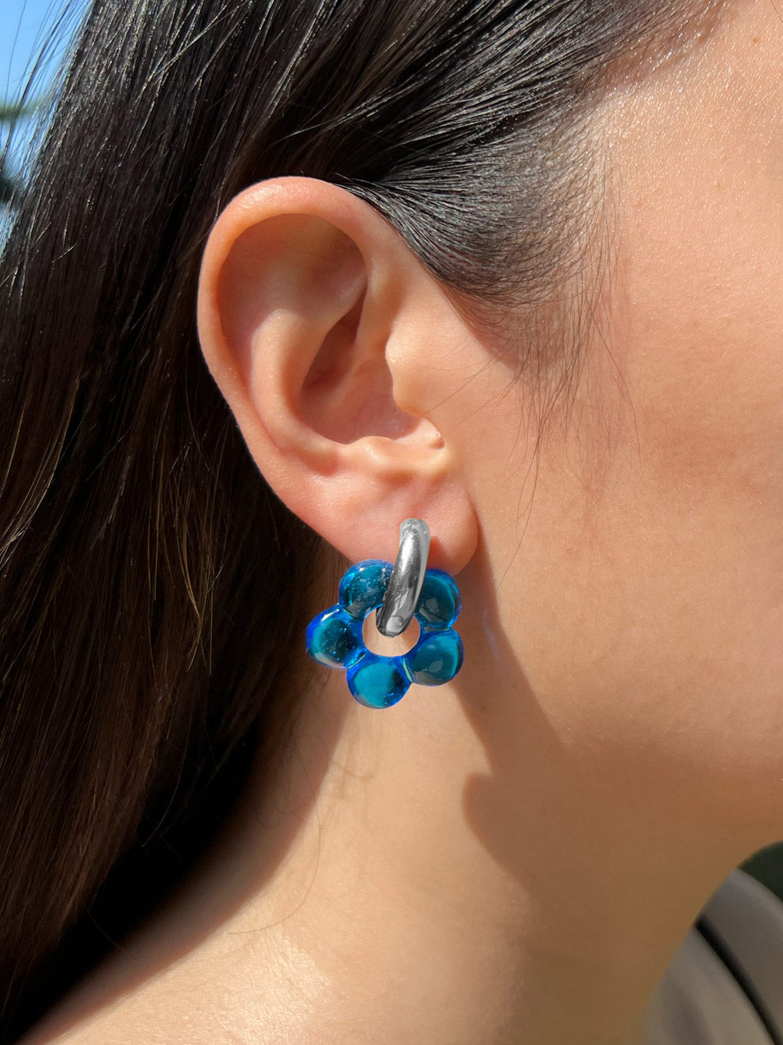 Glass Flower Donut Hoops  Silver   Blue4