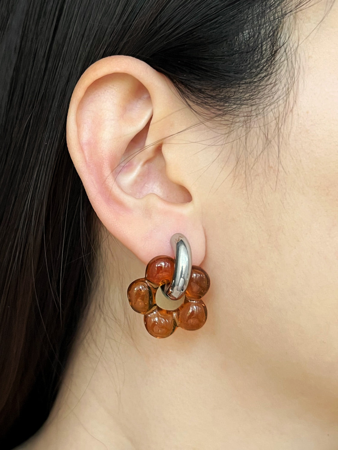 Glass Flower Donut Hoops  Silver   Brown2