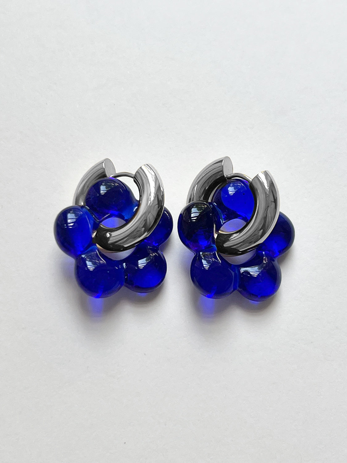 Glass Flower Donut Hoops  Silver   Cobalt Blue1