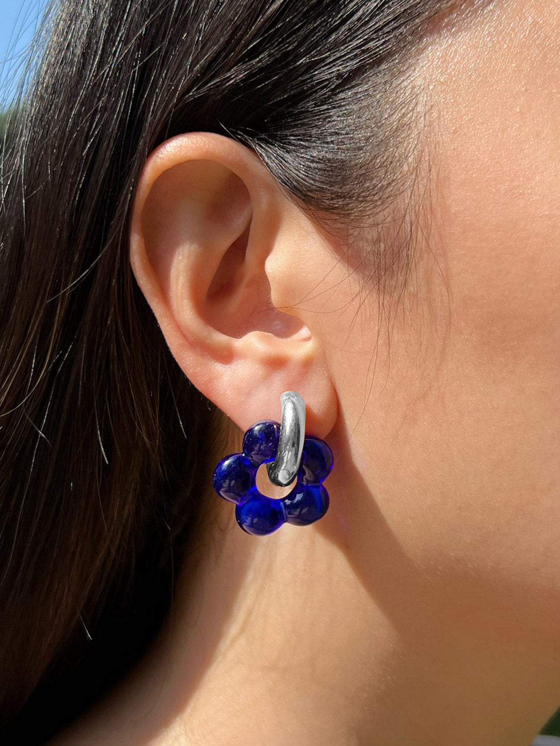 Glass Flower Donut Hoops  Silver   Cobalt Blue4