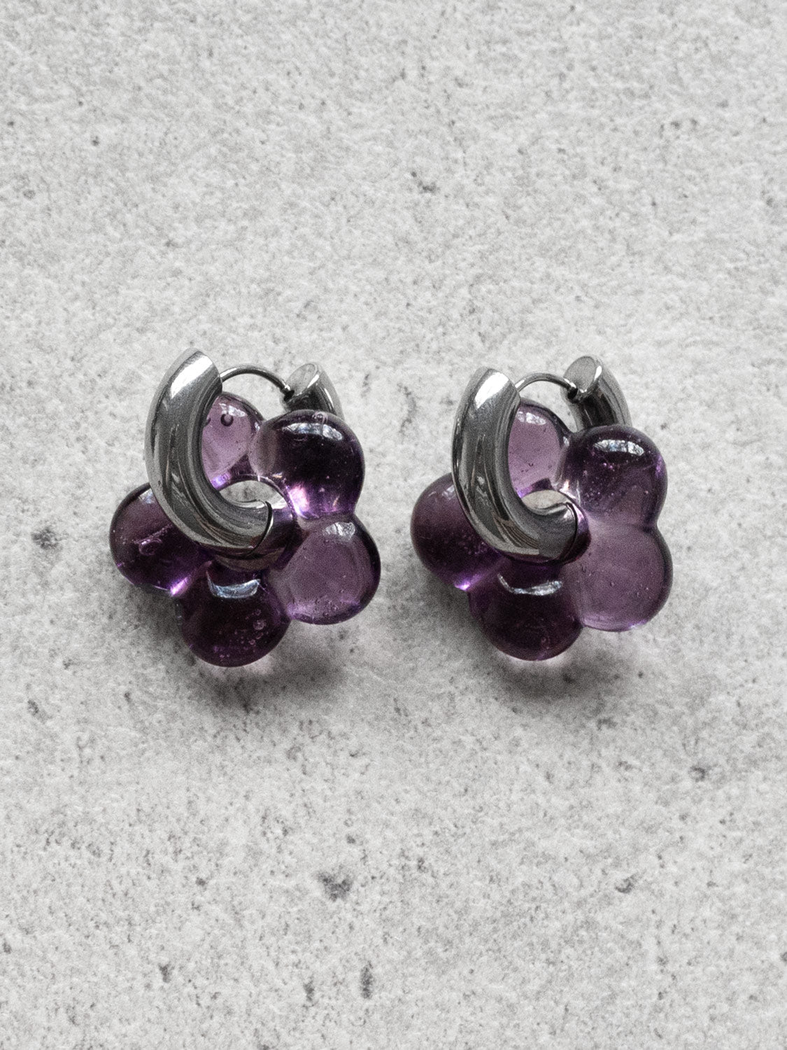 Glass Flower Donut Hoops  Silver   Dark Purple1