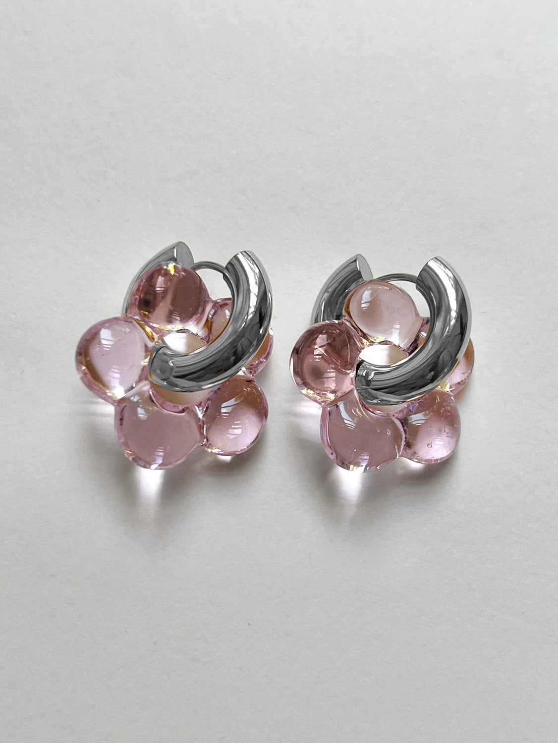 Glass Flower Donut Hoops  Silver   Light Pink1