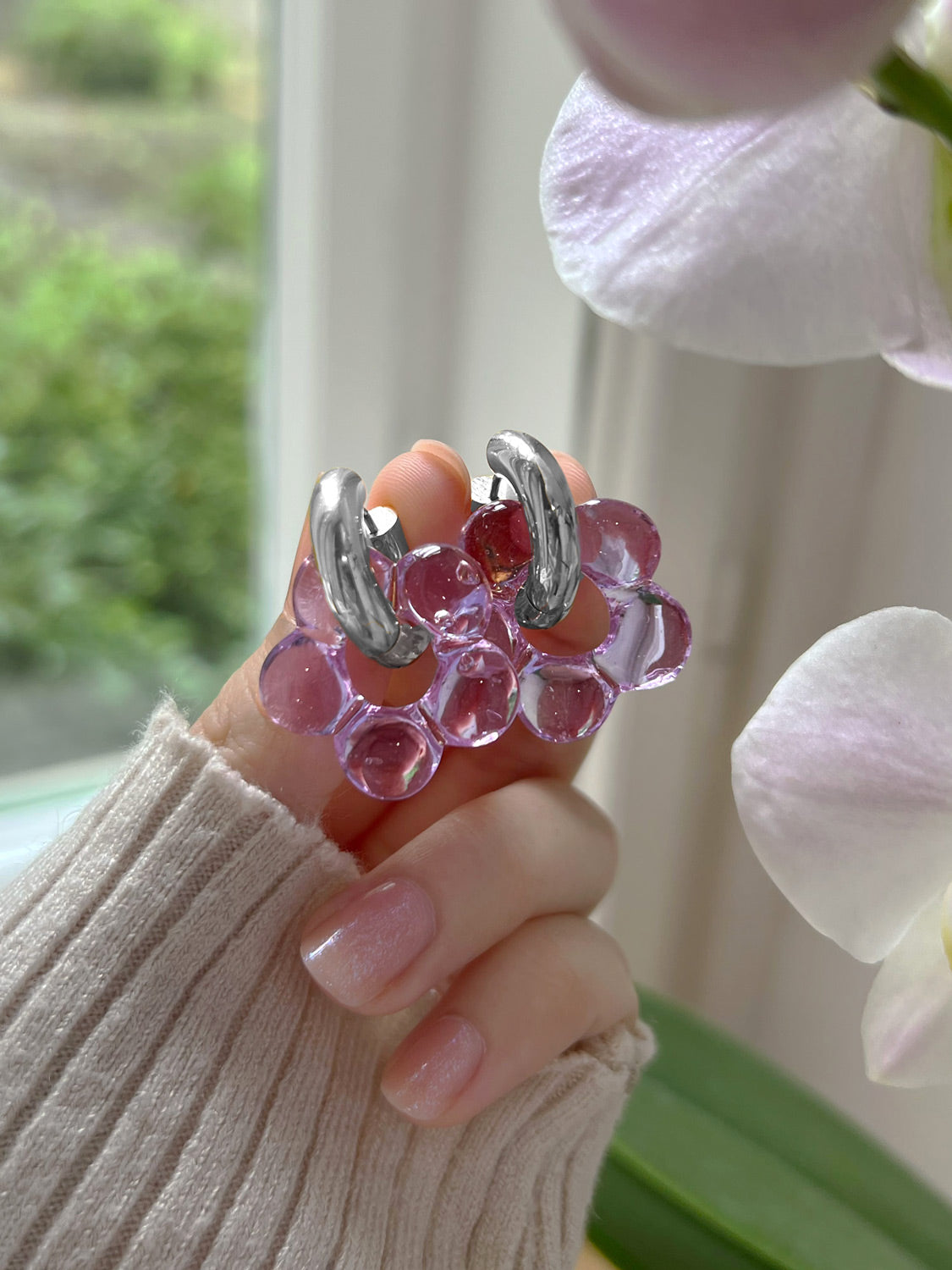 Glass Flower Donut Hoops  Silver   Lilac5