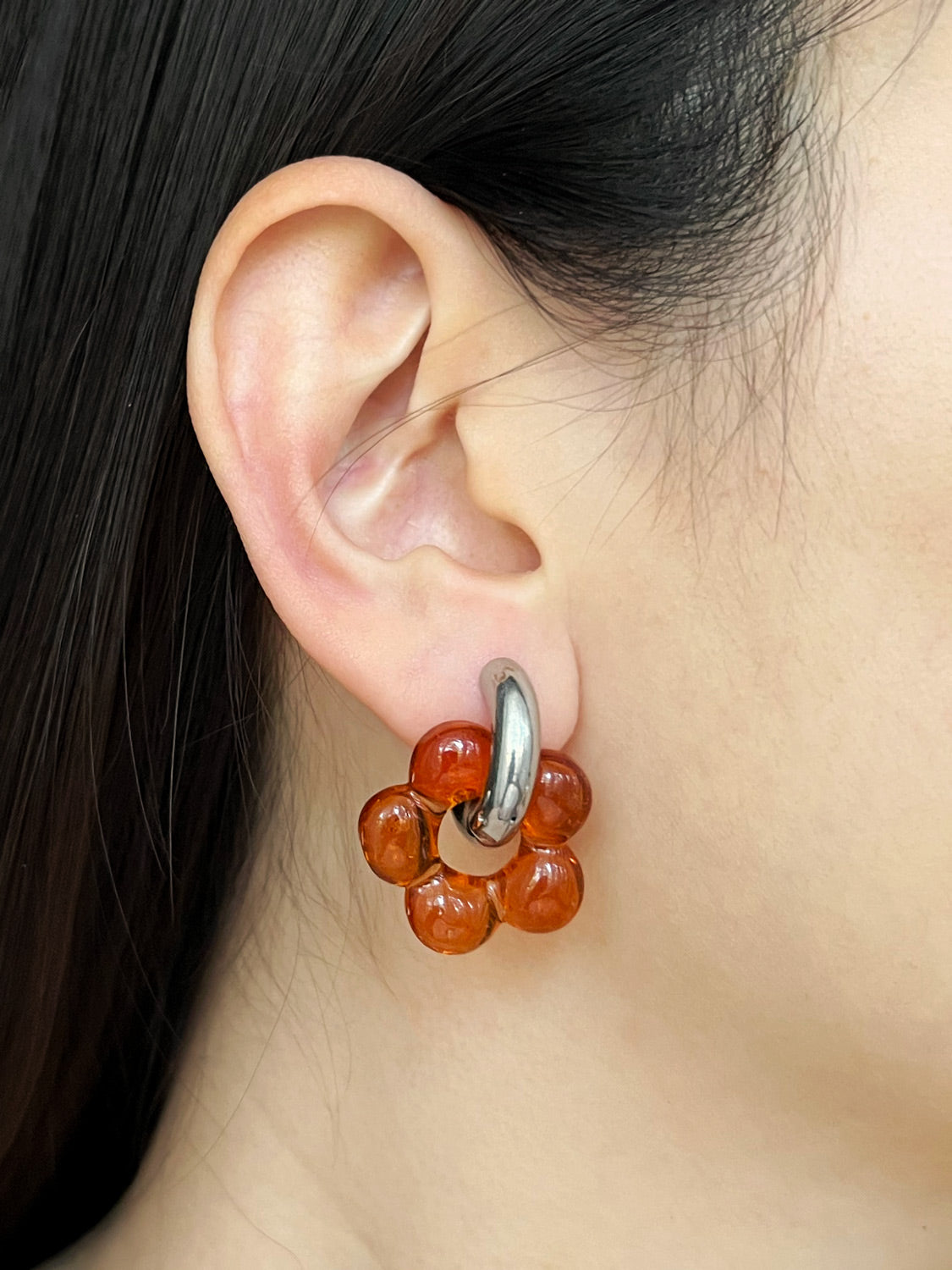 Glass Flower Donut Hoops  Silver   Orange2