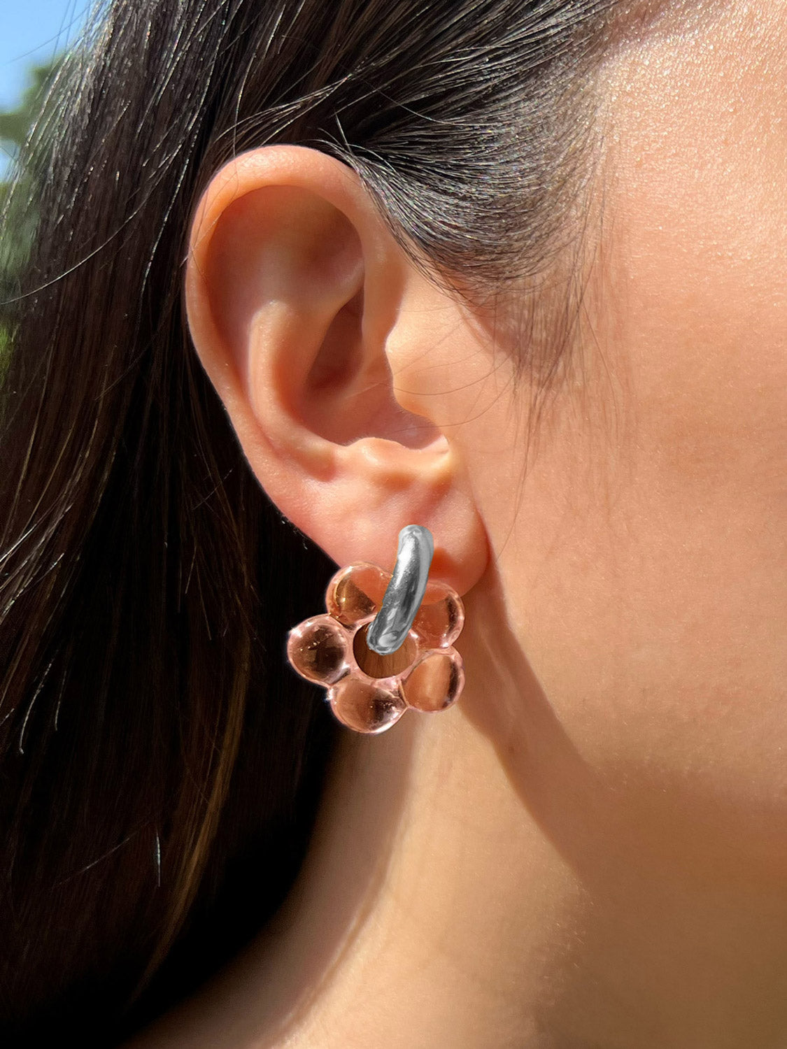 Glass Flower Donut Hoops  Silver   Peach4