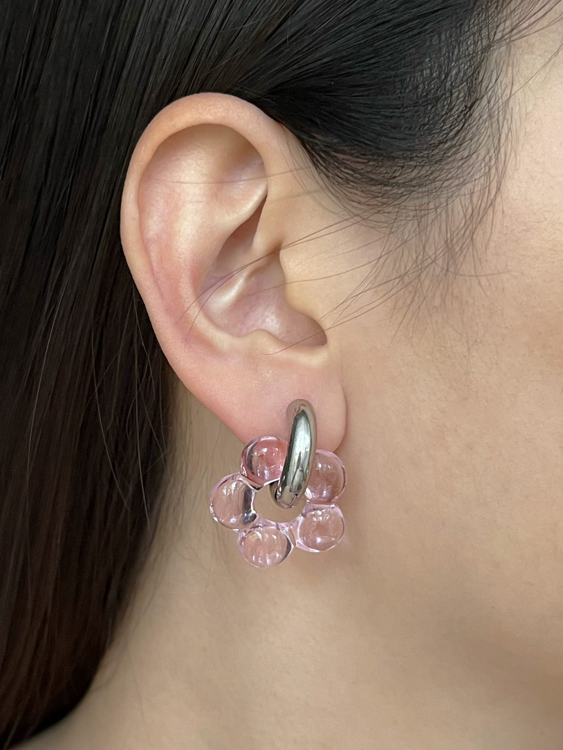 Glass Flower Donut Hoops  Silver   Pink2