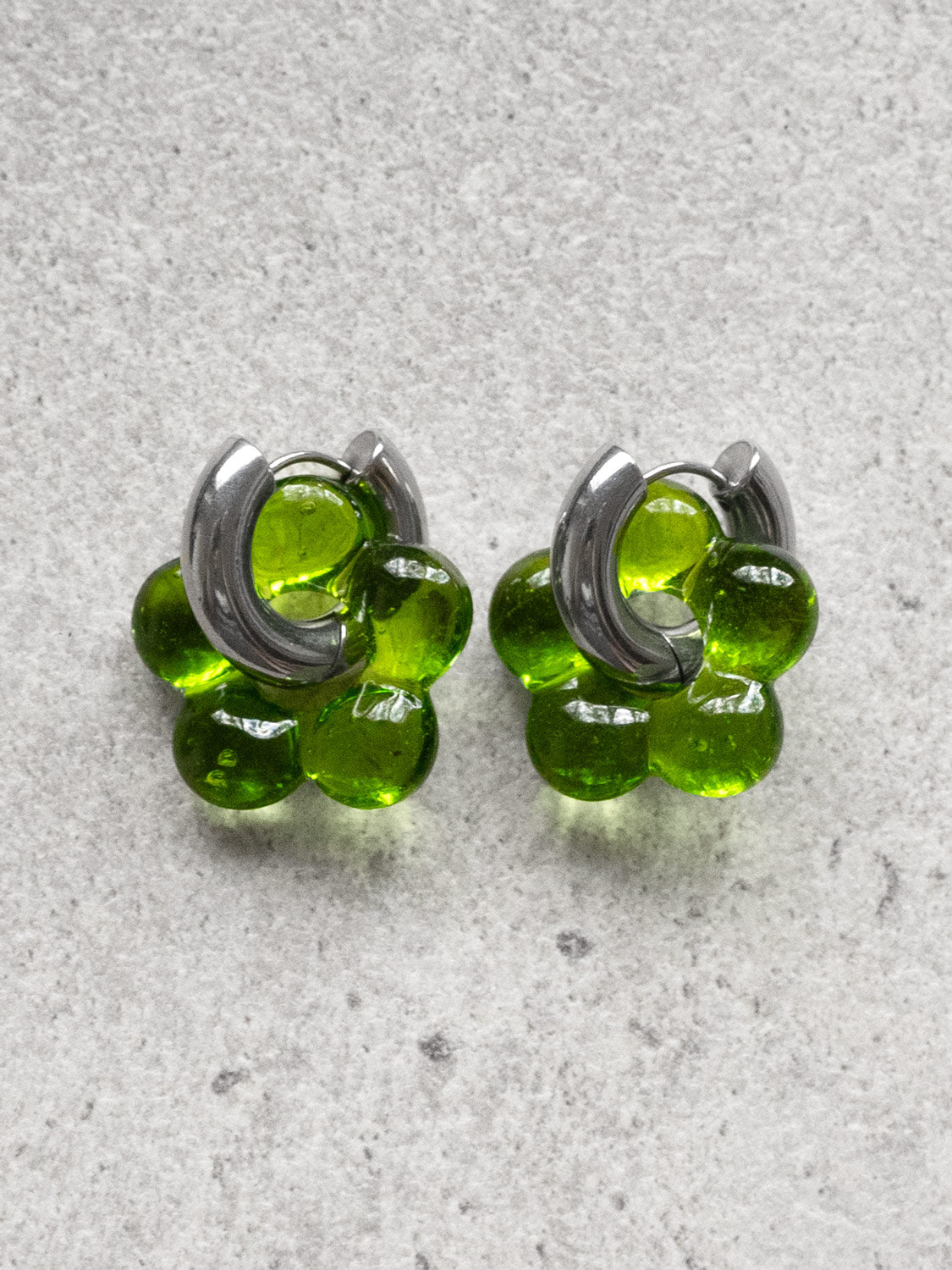 Glass Flower Donut Hoops  Silver   Pistachio Green1
