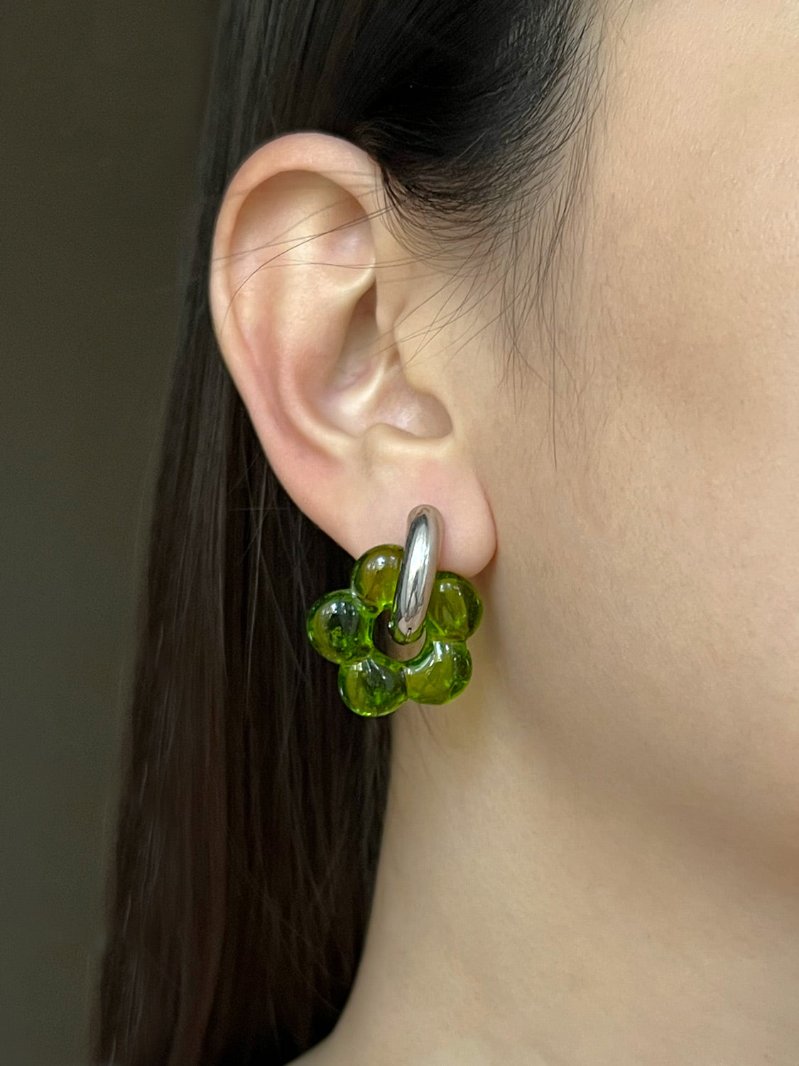 Glass Flower Donut Hoops  Silver   Pistachio Green2