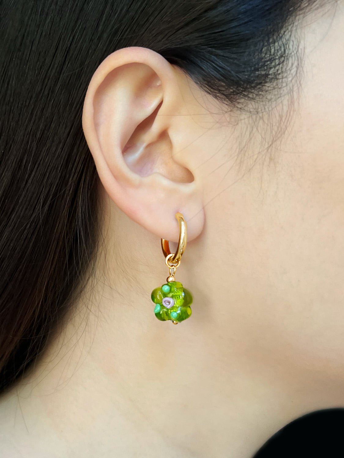 Glass Flower Hoops   Apple Green  Gold3