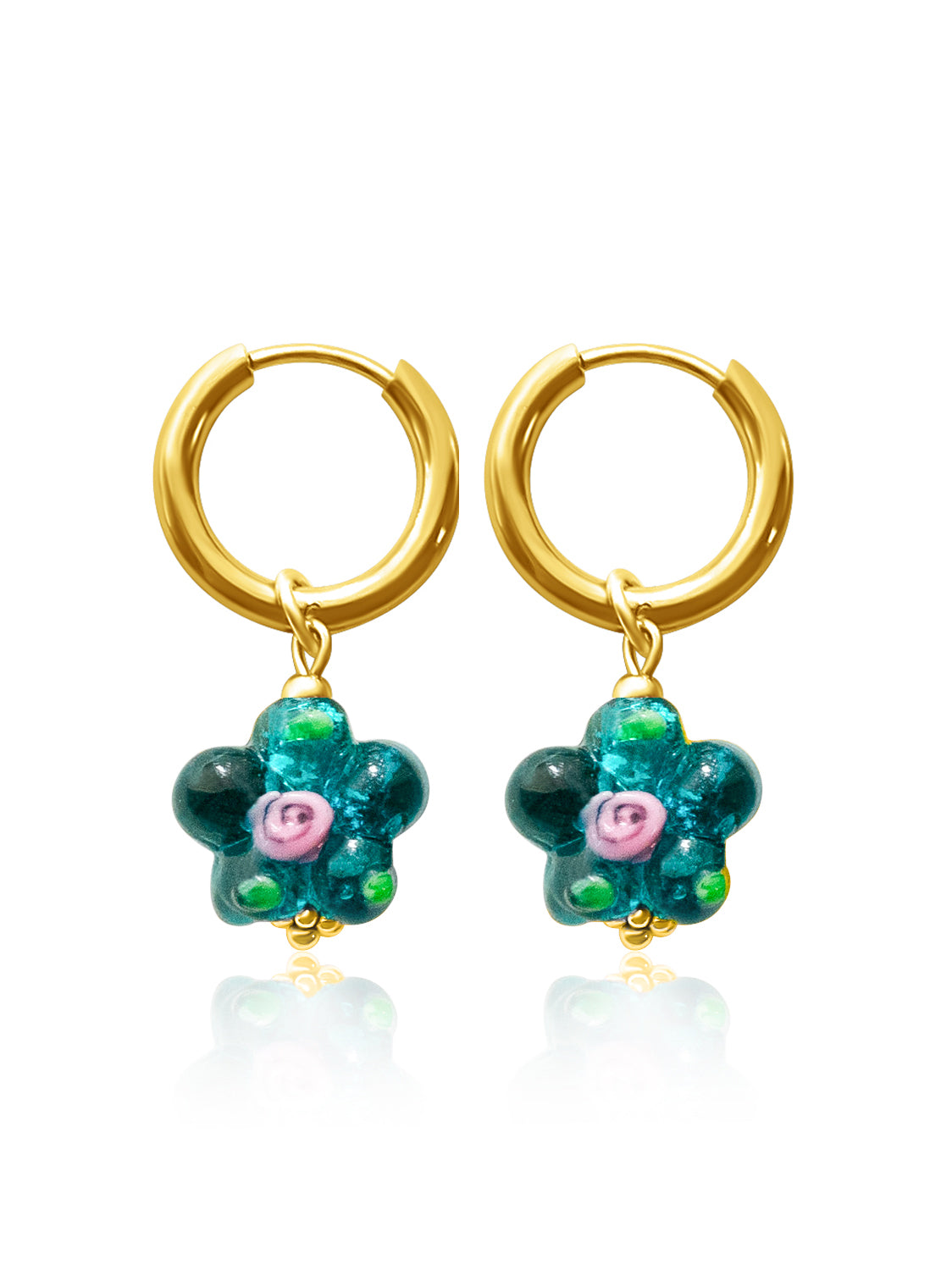 Glass Flower Hoops - Teal-Green, Silver