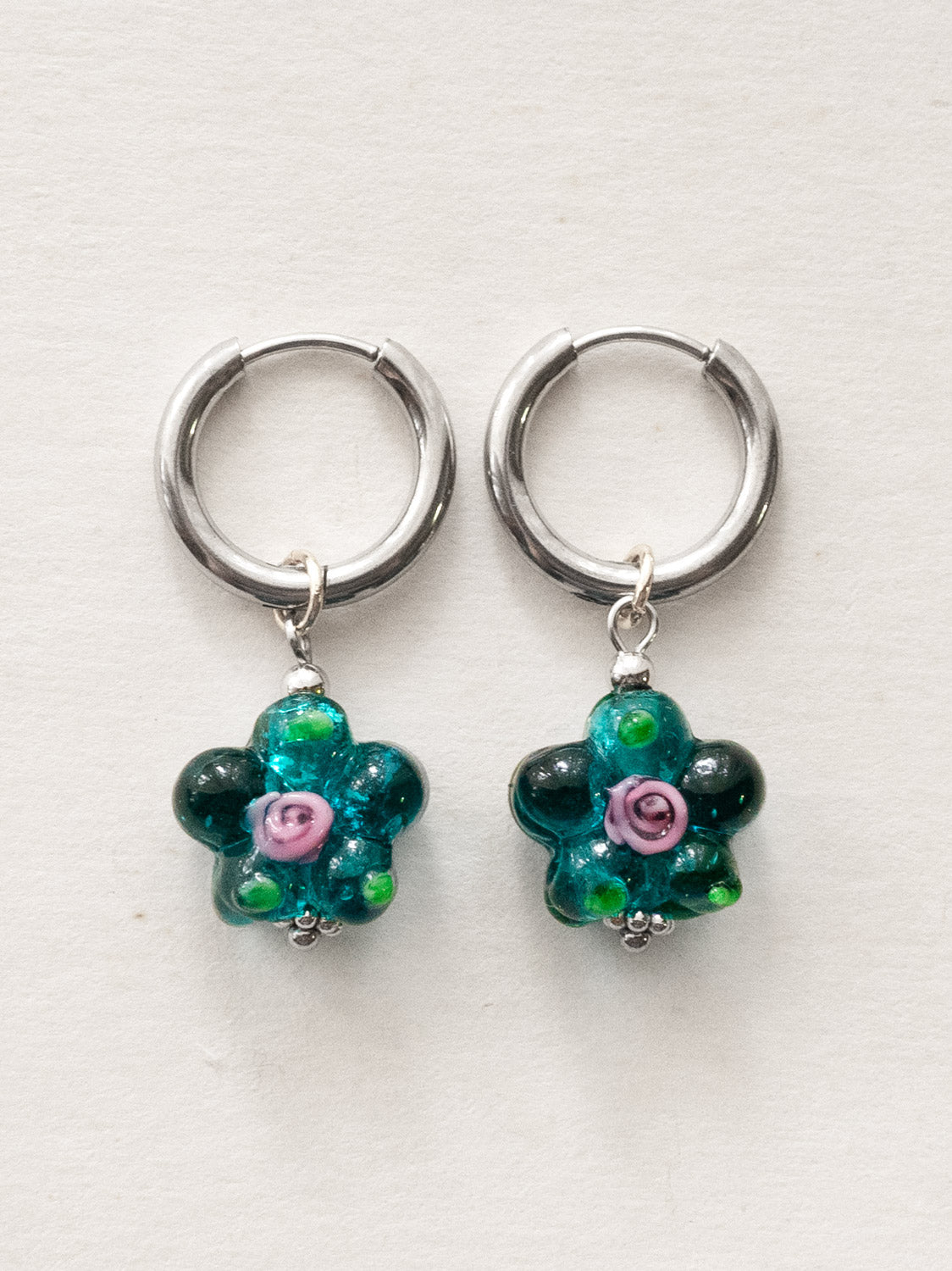 Glass Flower Hoops   Teal Green  Silver1