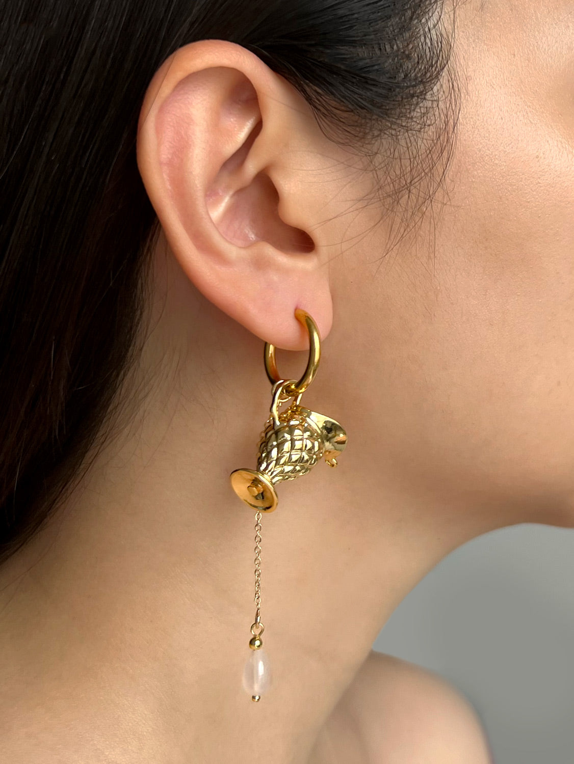 Gold Antique Vase Hoops With Dangling Teardrop Rose Quartz