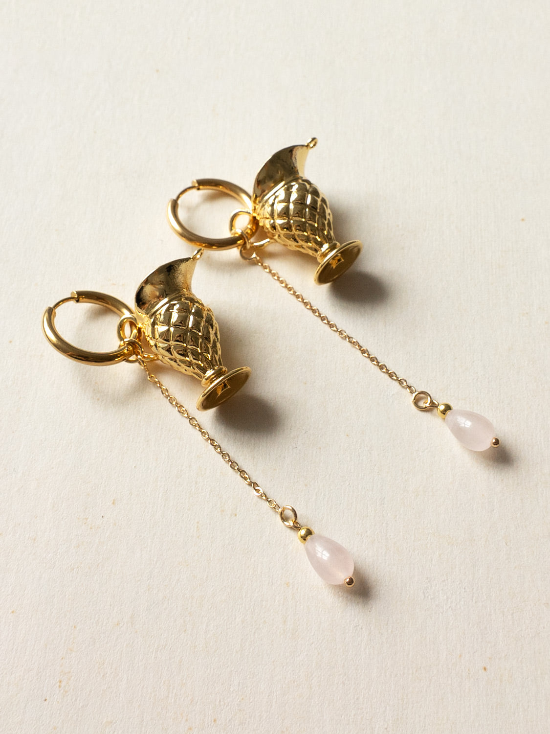 Gold Antique Vase Hoops With Dangling Teardrop Rose Quartz2
