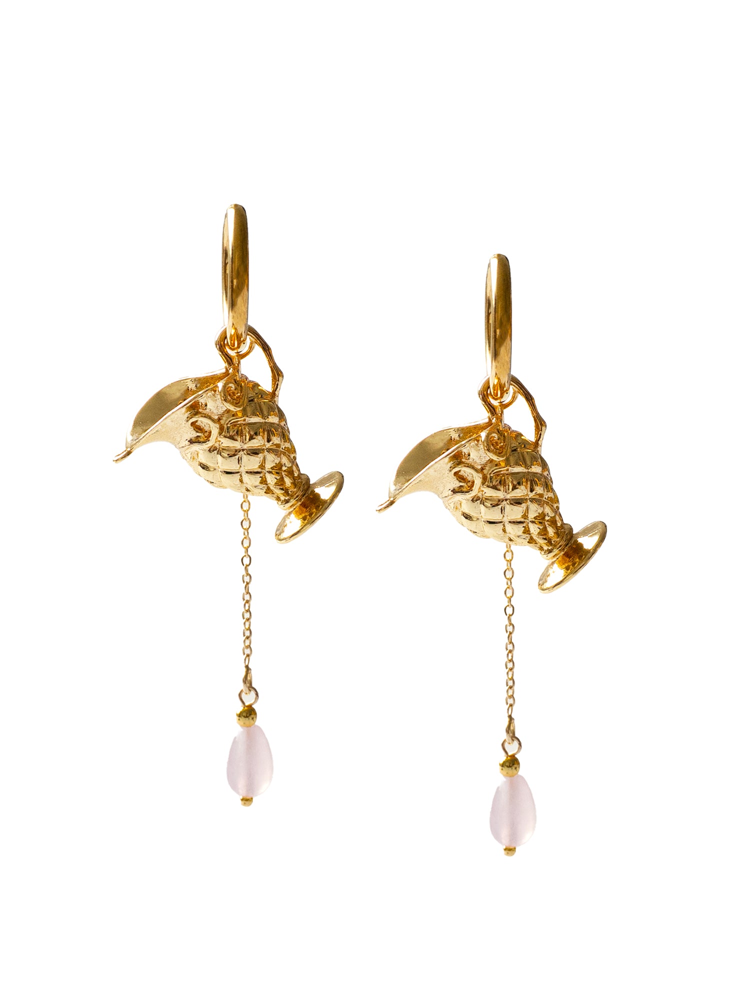 Gold Antique Vase Hoops With Dangling Teardrop Rose Quartz