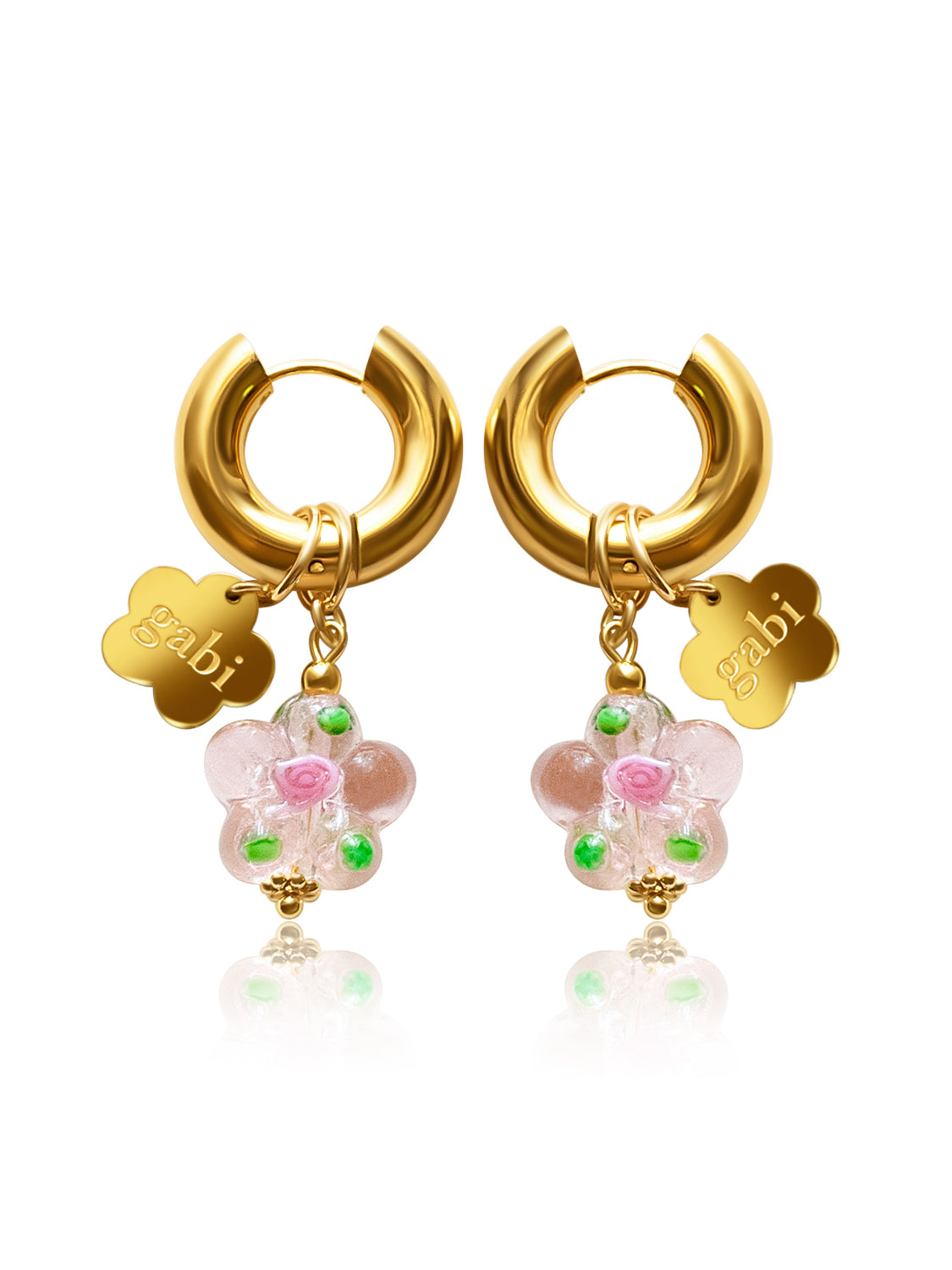 Gold Gabi Charm Necklace, Stainless Steel - Pink Glass Flower