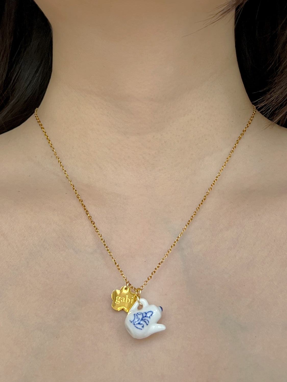 Gold Gabi Charm Necklace, Stainless Steel - Ceramic Teapot
