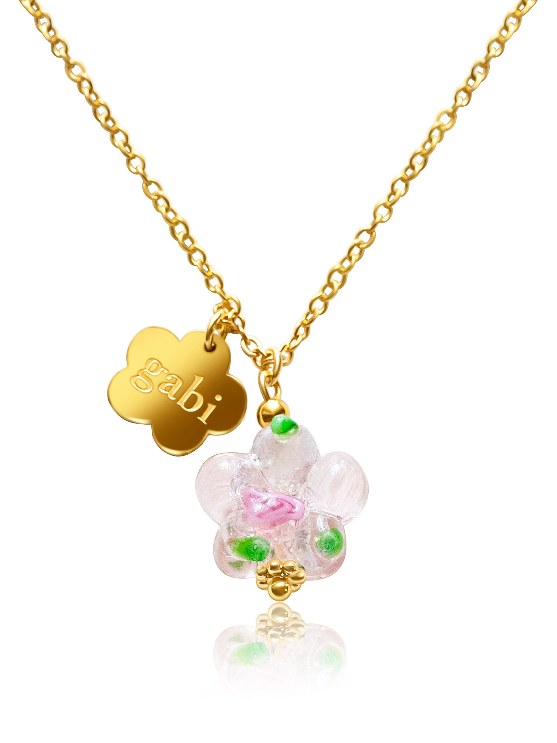 Gold Gabi Charm Necklace  Stainless Steel   Pink Glass Flower1