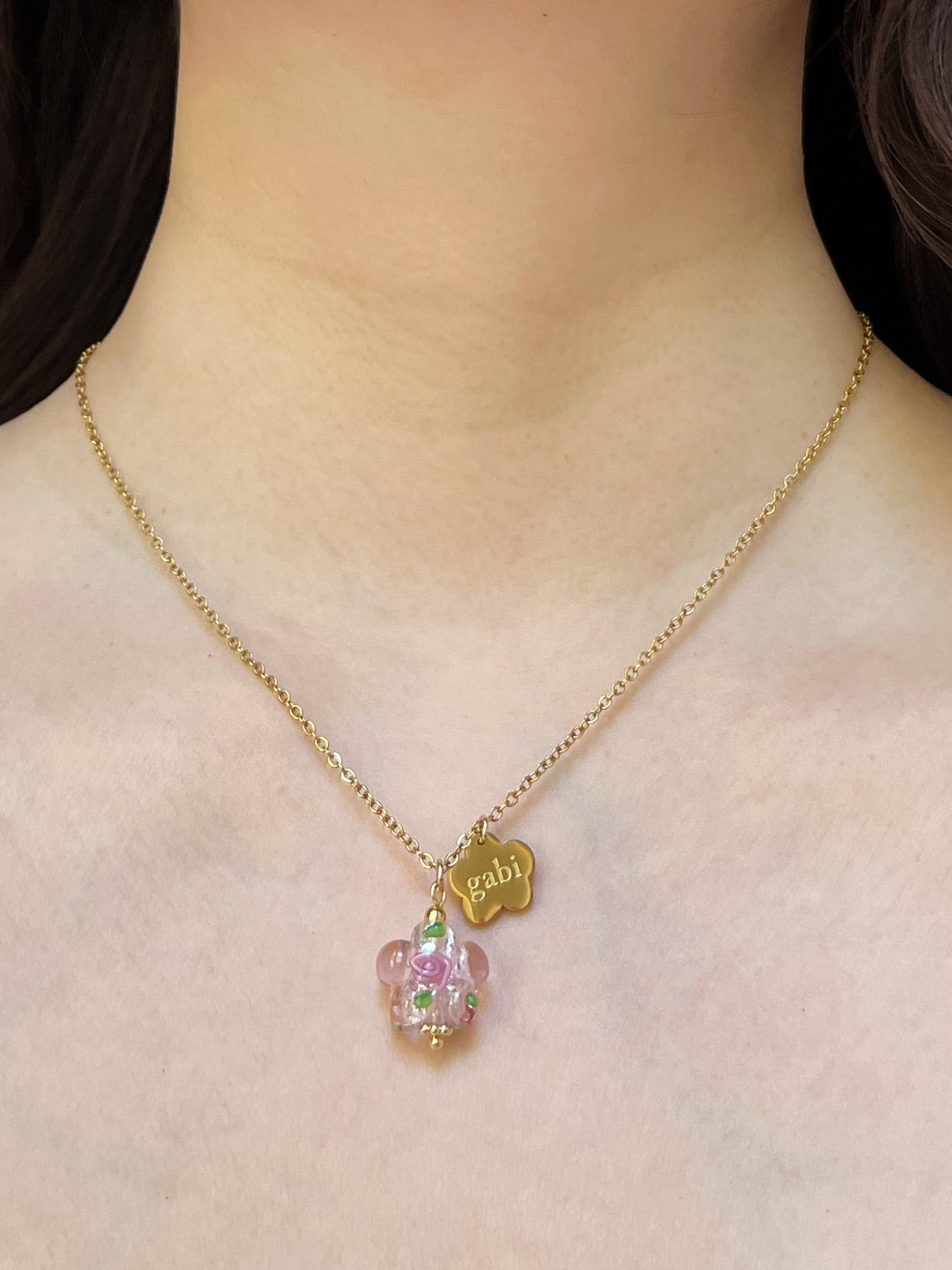 Gold Gabi Charm Necklace  Stainless Steel   Pink Glass Flower3